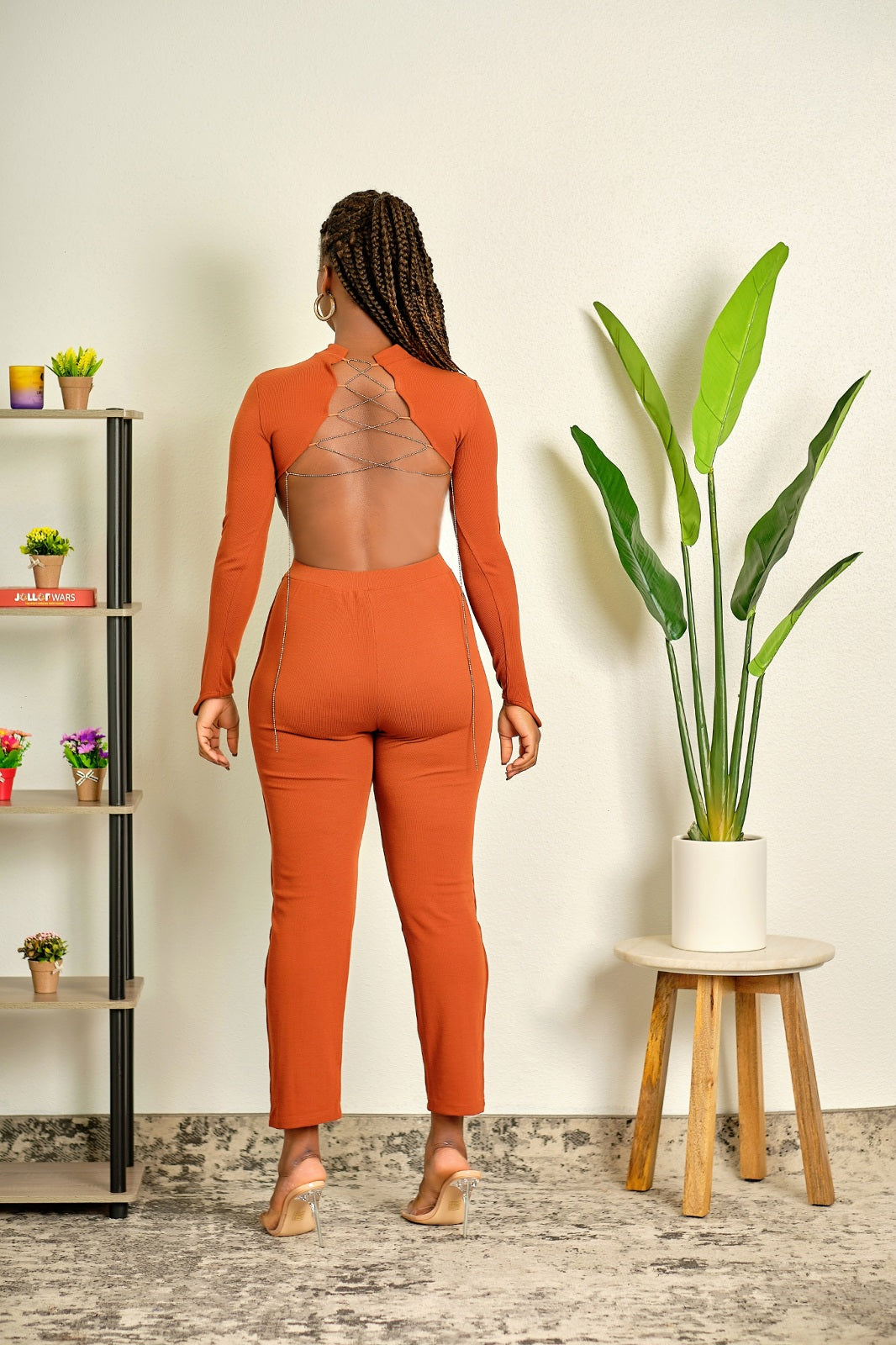 Look at Me Now Ribbed High Neck Crop Top and High Waisted Fitted Pant Set - Rust