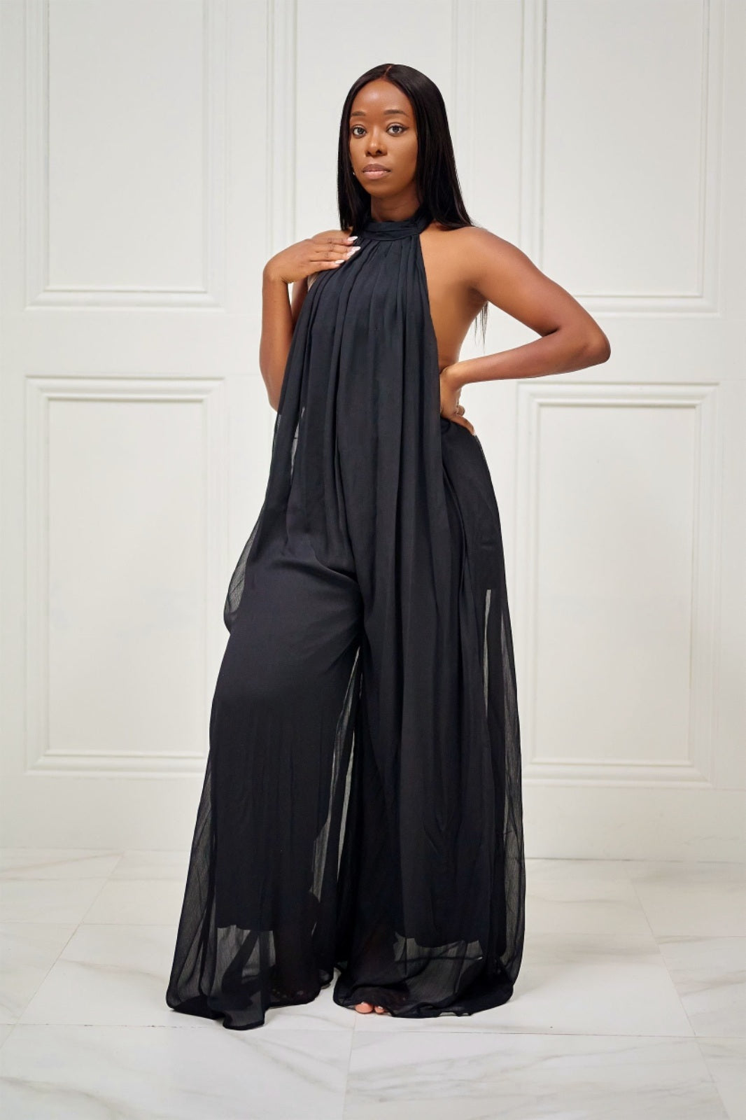 Gotta Have It Backless Halter Wide Leg Jumpsuit - Black