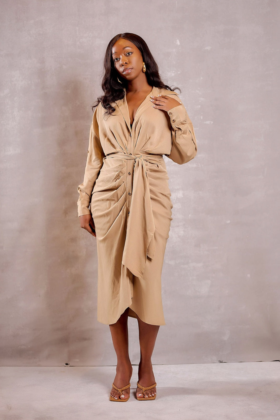 Feranmi Long Sleeve Collared Midi Dress - Taupe