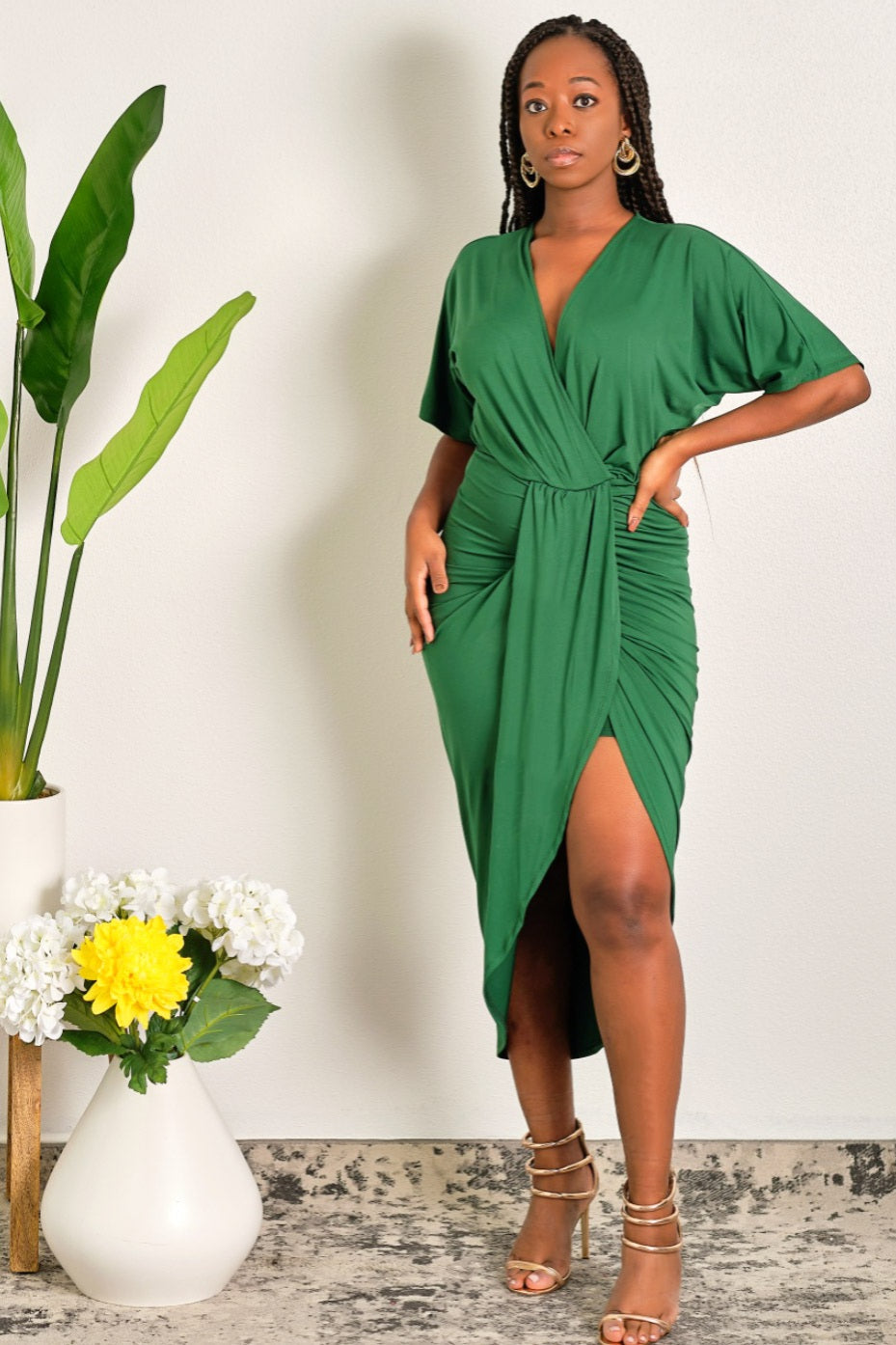 Making Waves Flutter Sleeves Venetian Ruched BodyCon Midi Dress - Green