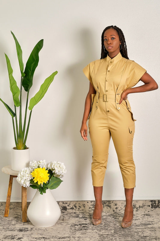 Catch Me If You Can Utility High Neck Jumpsuit with Cap Sleeves and Cropped Leg
