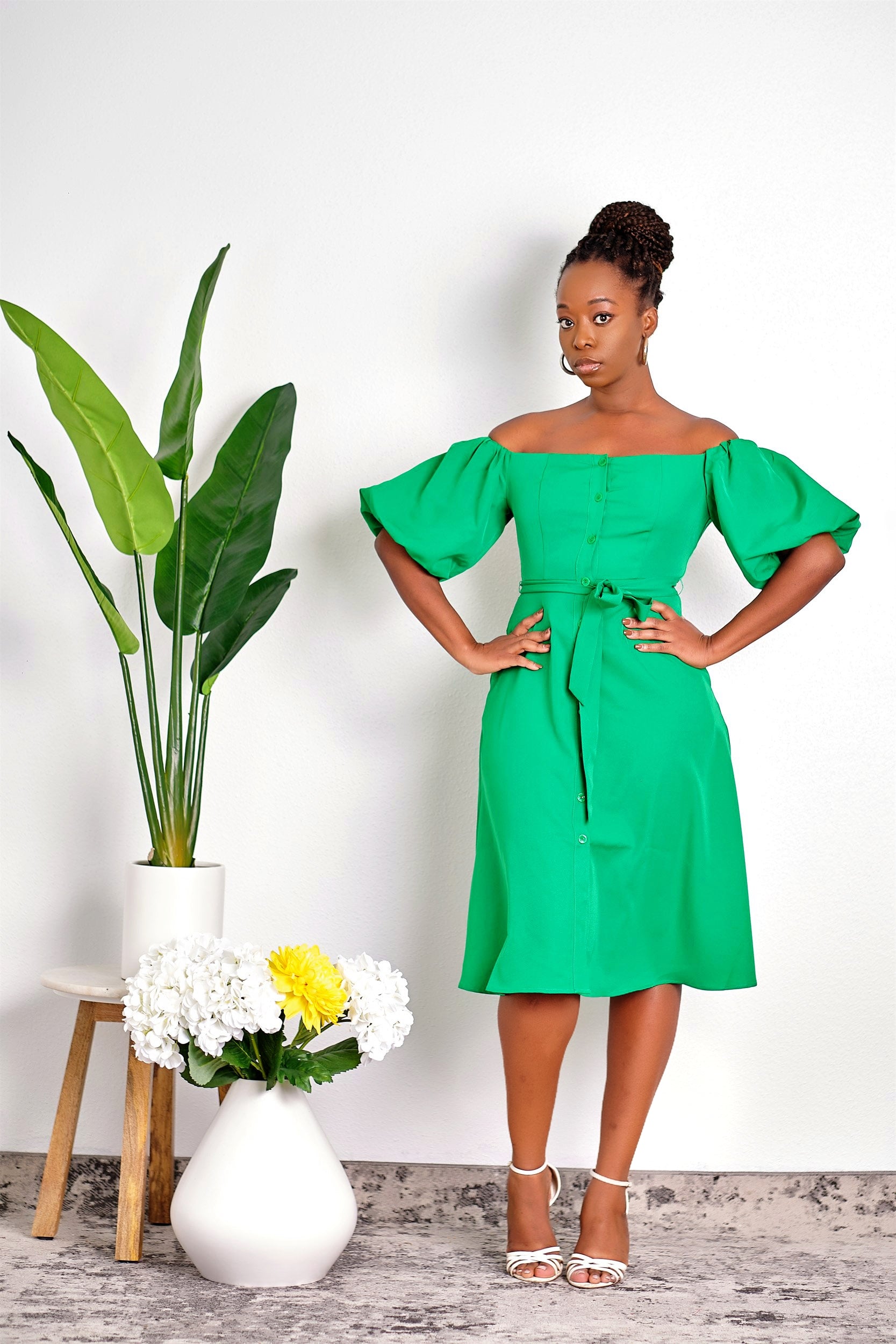 Green off the clearance shoulder midi dress