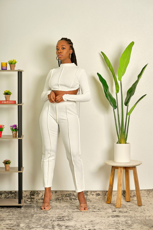 Look at Me Now Ribbed High Neck Crop Top and High Waisted Fitted Pant Set - White