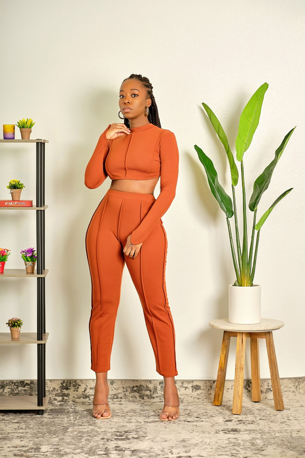Look at Me Now Ribbed High Neck Crop Top and High Waisted Fitted Pant Set - Rust