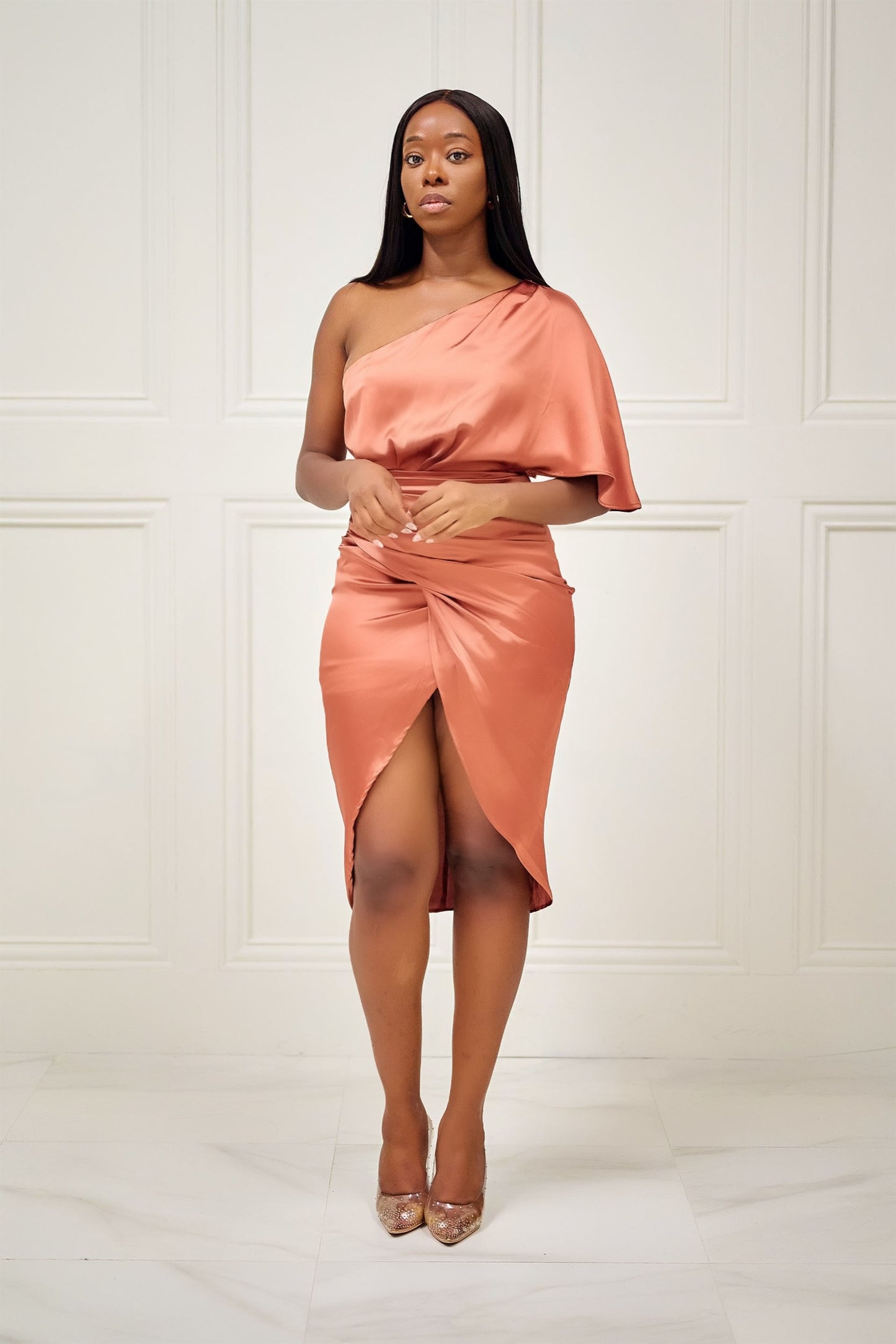 Like a Million One Shoulder Wrap-Style Dress - Cognac