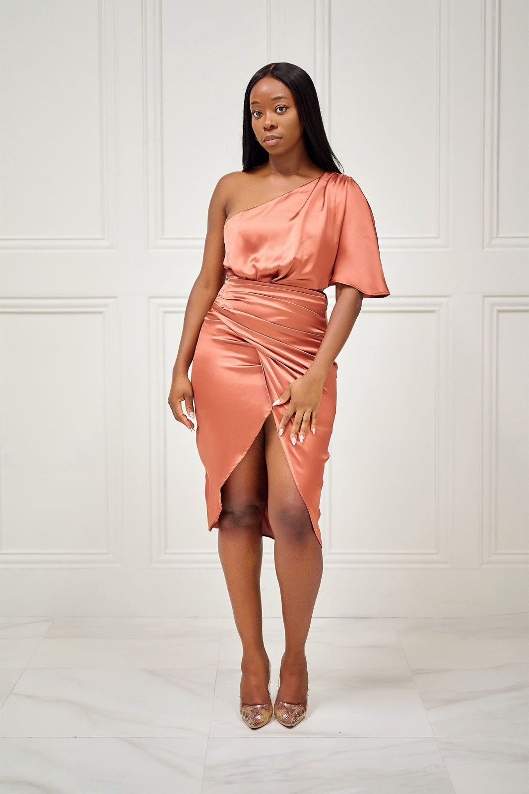 Like a Million One Shoulder Wrap-Style Dress - Cognac