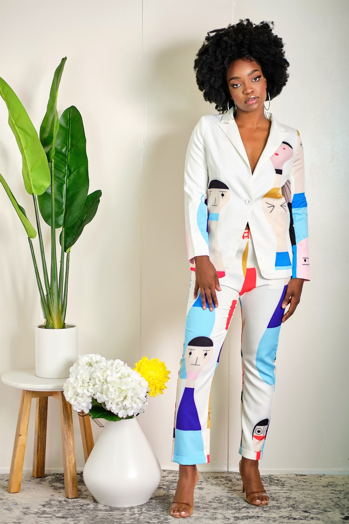 Funny Faces Abstract Print Blazer and Pant Set
