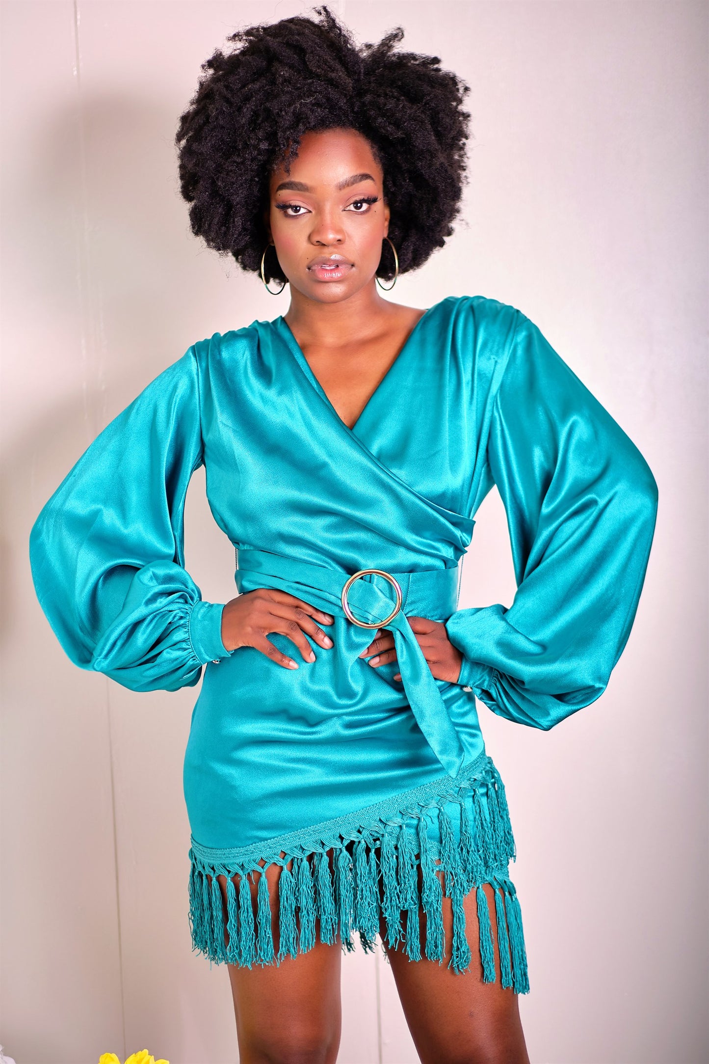 Too Hot to Handle Satin Bell Sleeve Dress with Fringe Detail