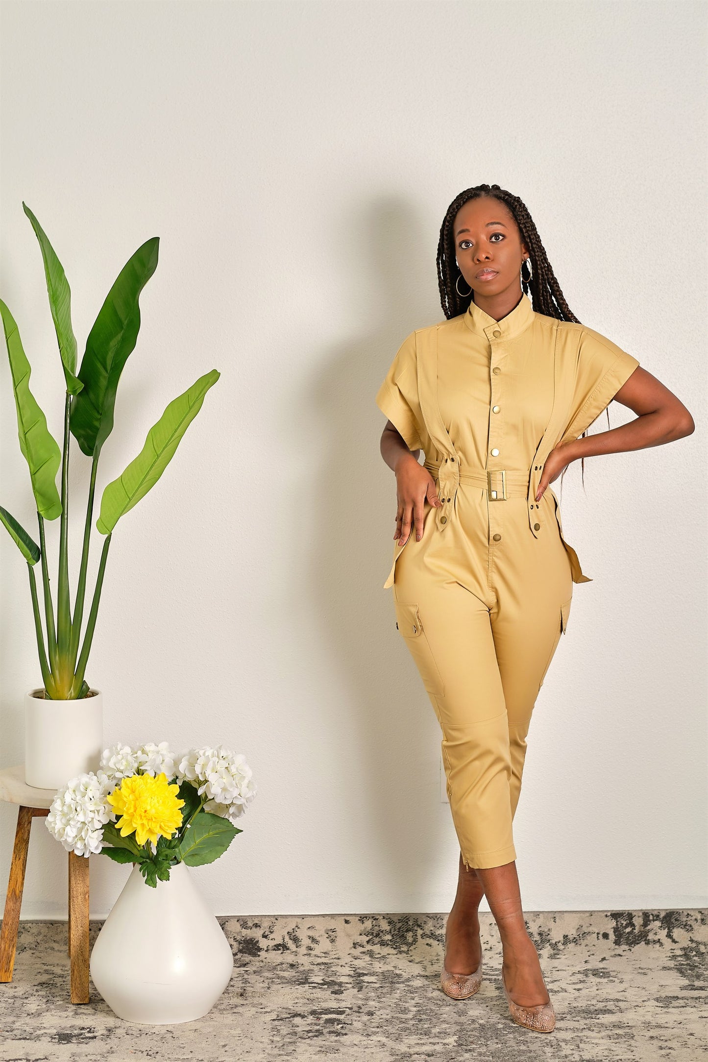 Catch Me If You Can Utility High Neck Jumpsuit with Cap Sleeves and Cropped Leg