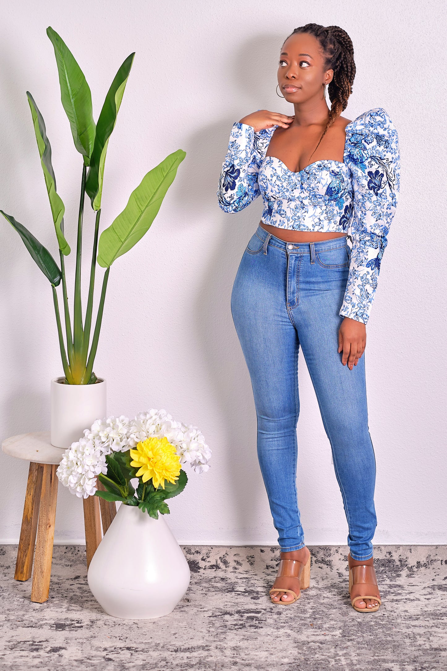 No More Games Long Sleeve Floral Crop Top with Puff Sleeves