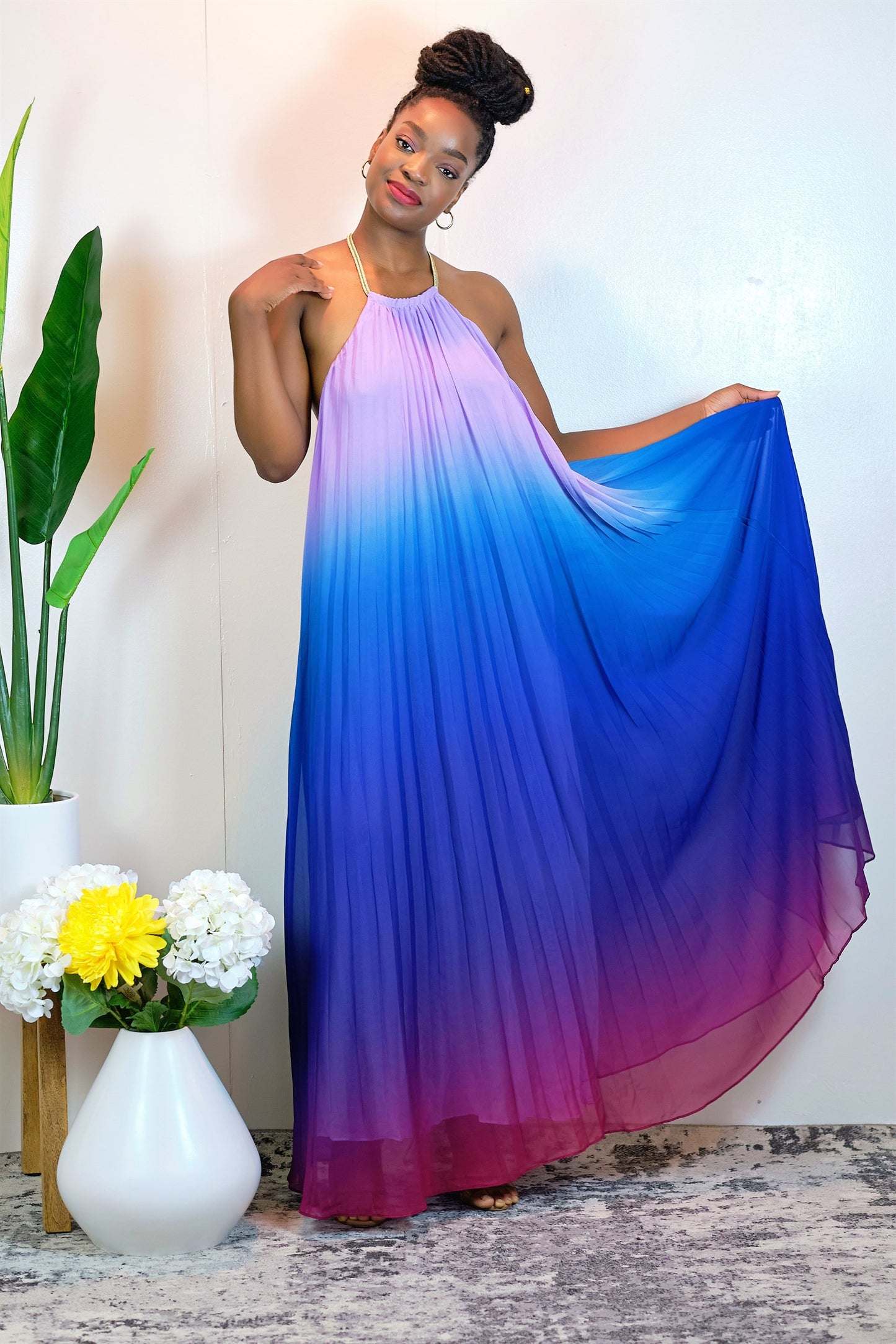 Girls Just Wanna Have Fun Pleated Ombre Halter Maxi Dress