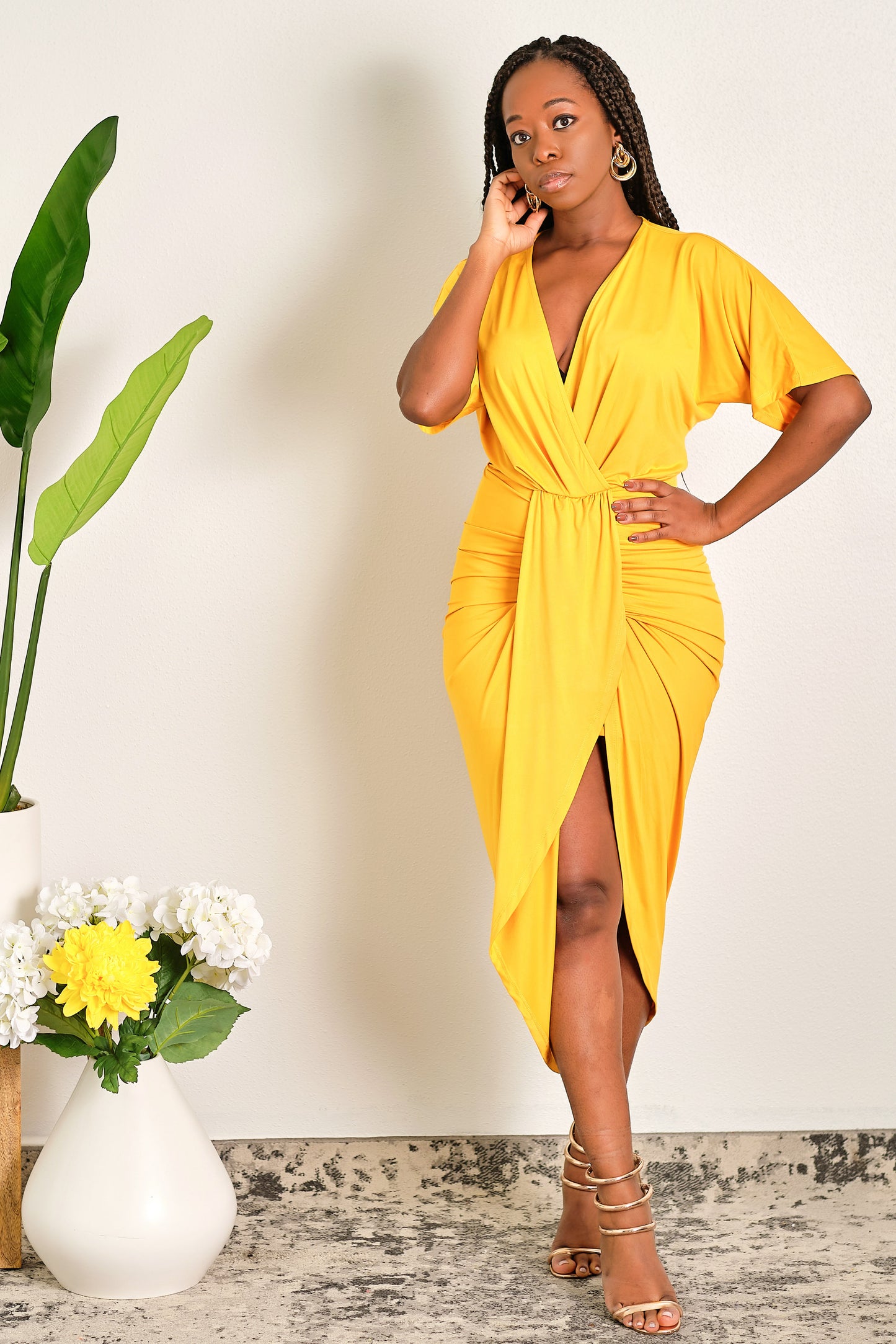 Making Waves Flutter Sleeves Venetian Ruched Bodycon Midi Dress - Yellow