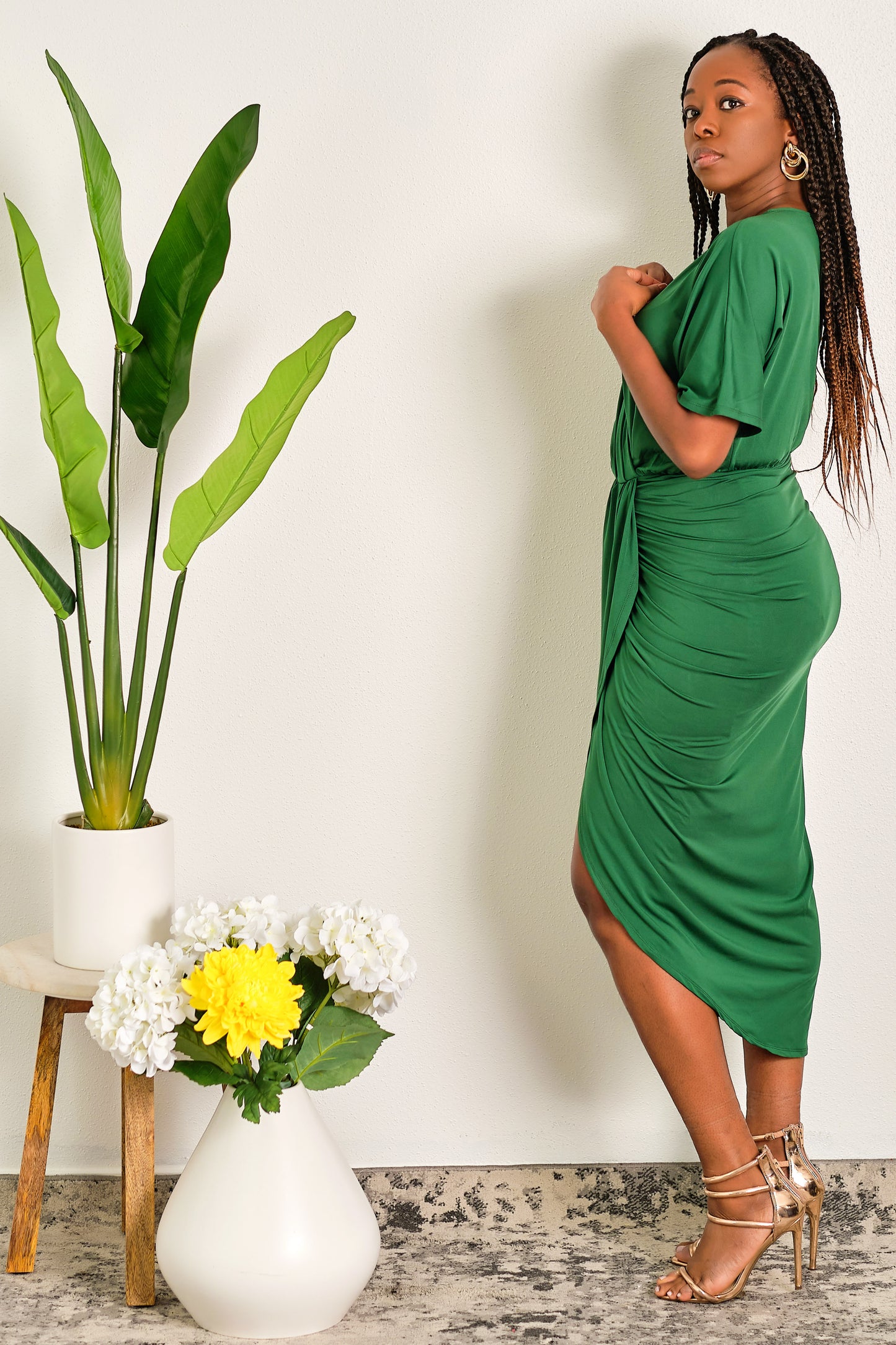 Making Waves Flutter Sleeves Venetian Ruched BodyCon Midi Dress - Green