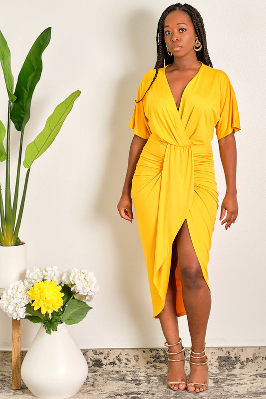 Making Waves Flutter Sleeves Venetian Ruched Bodycon Midi Dress - Yellow