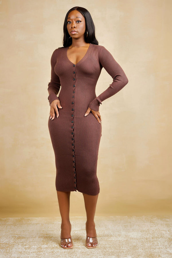 Kamsi Long Sleeve Button Front Midi Sweater Dress - Brown – Be Maraki