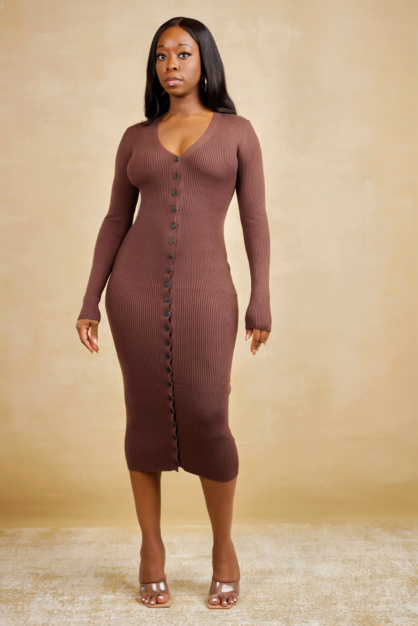 Brown long cheap sleeve bodycon dress