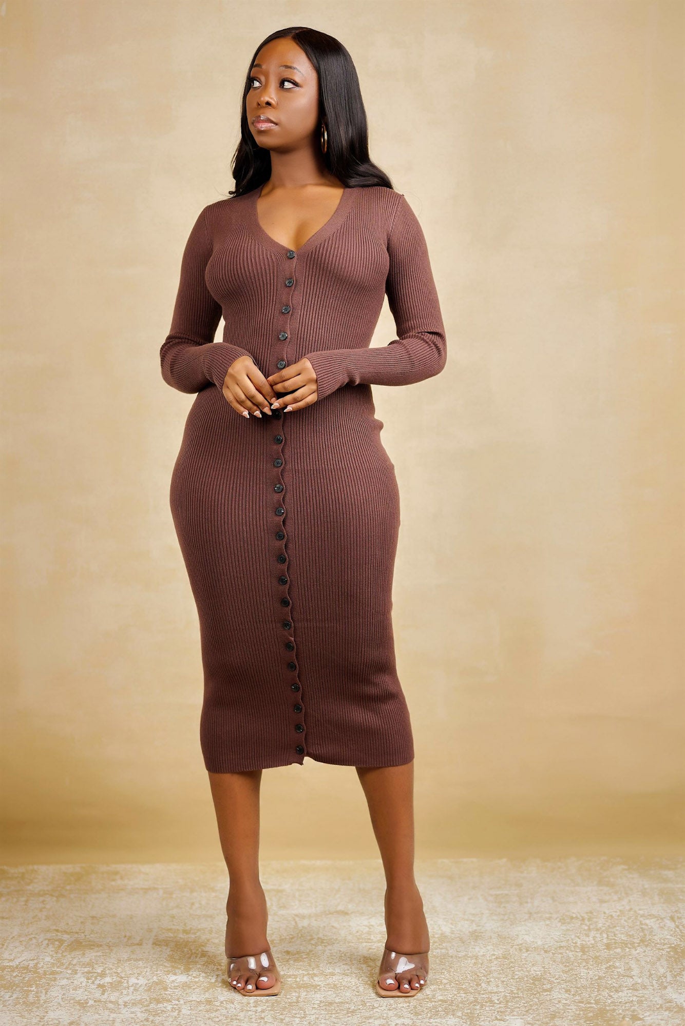 Ribbed button front midi sales dress