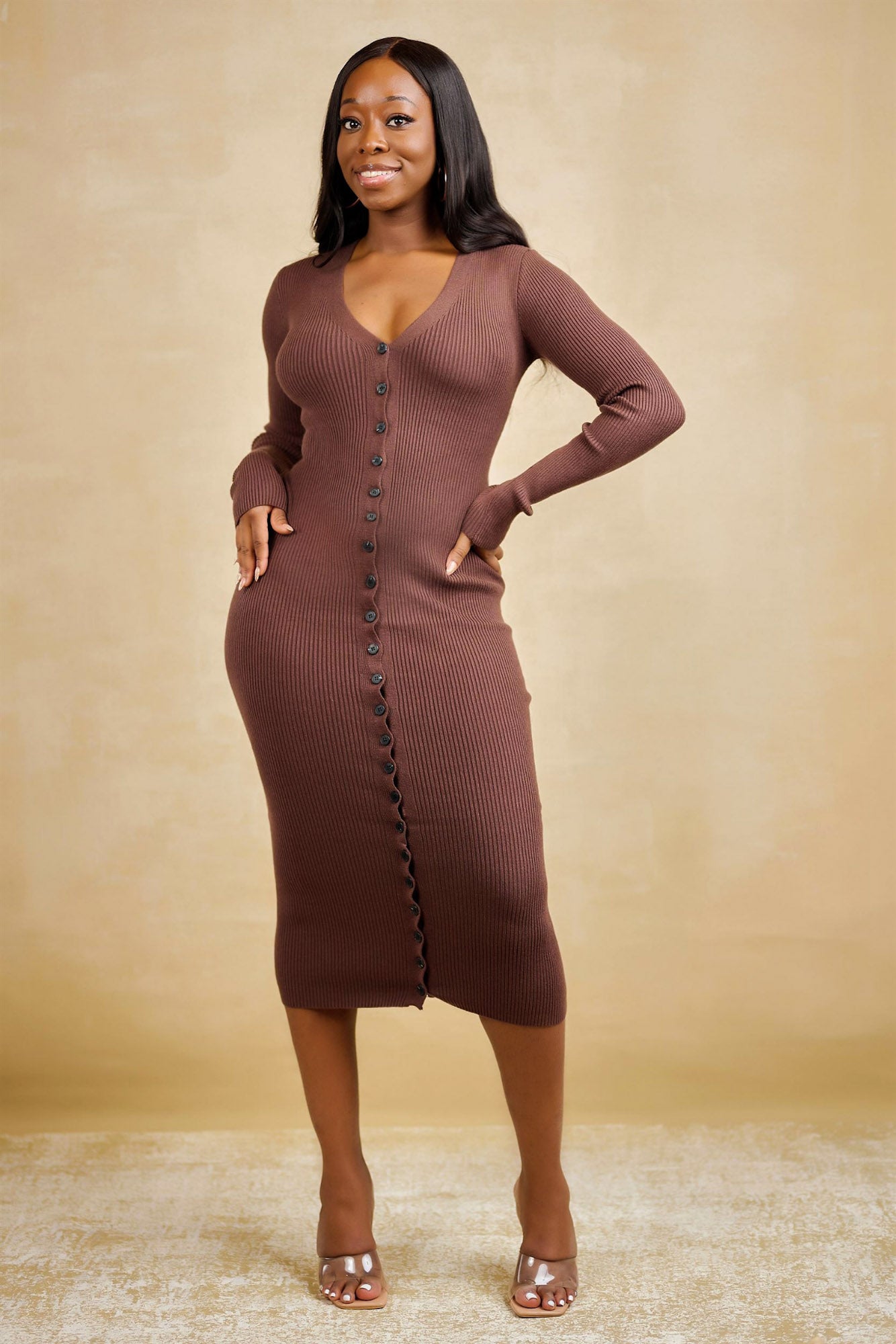 Kamsi Long Sleeve Button Front Midi Sweater Dress Brown Be Maraki