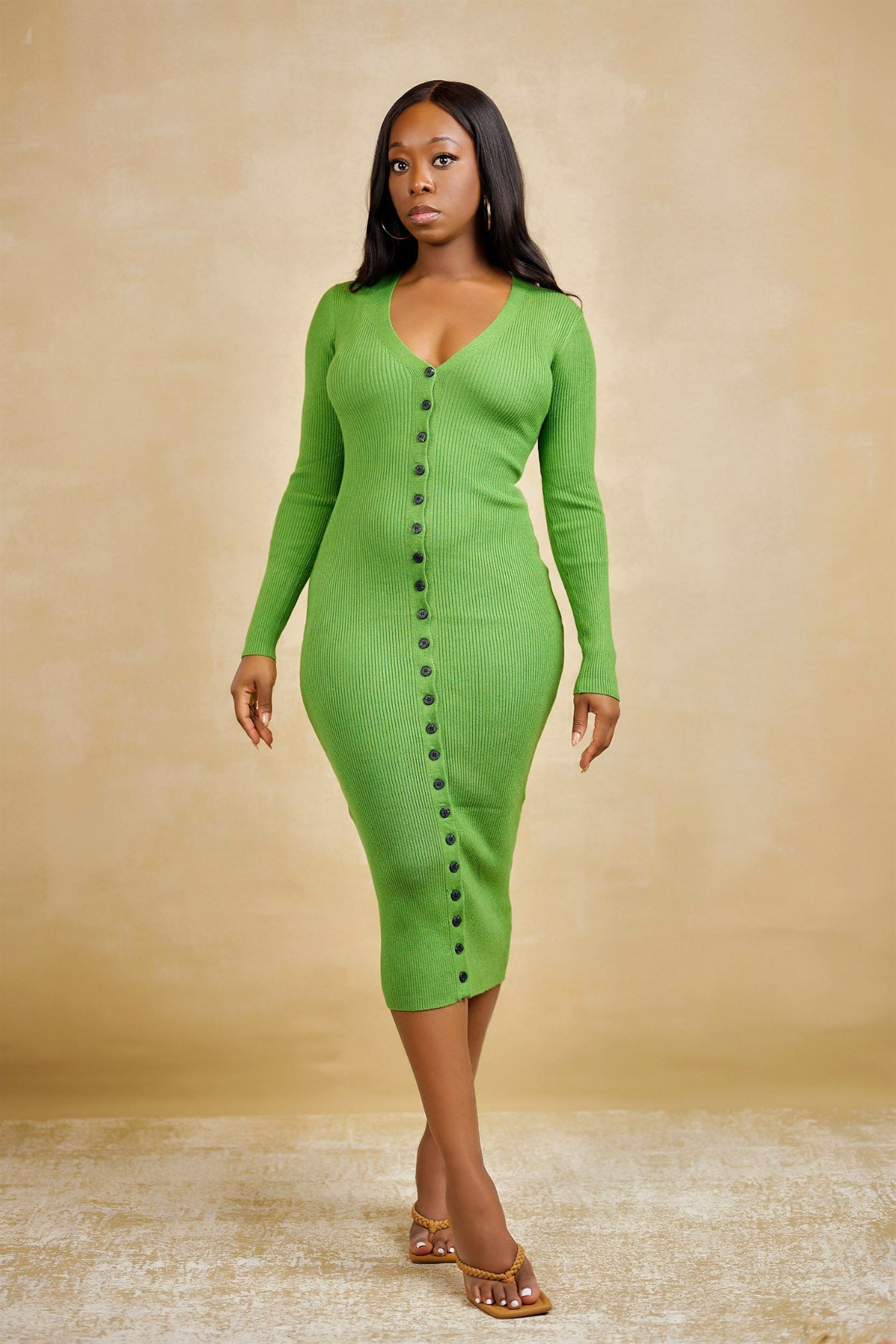 Kamsi Long Sleeve Button Front Midi Sweater Dress Green Be Maraki