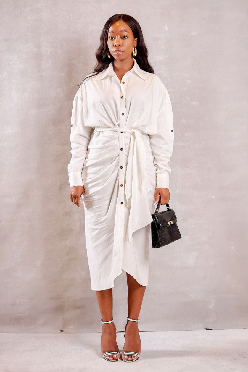 Feranmi Long Sleeve Collared Midi Dress - Off White