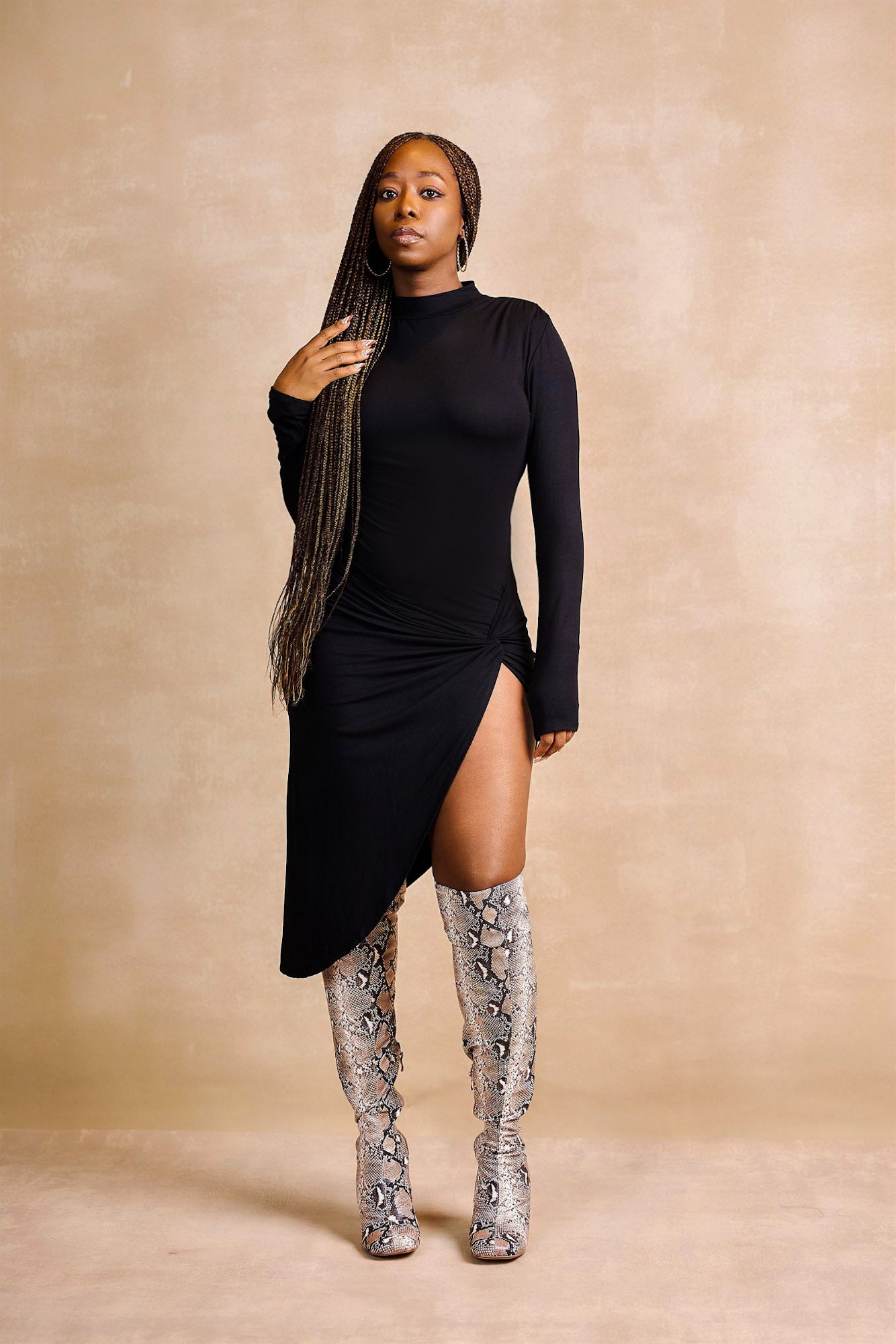 Oreva High Neck Midi Dress with Thigh-High Slit - Black