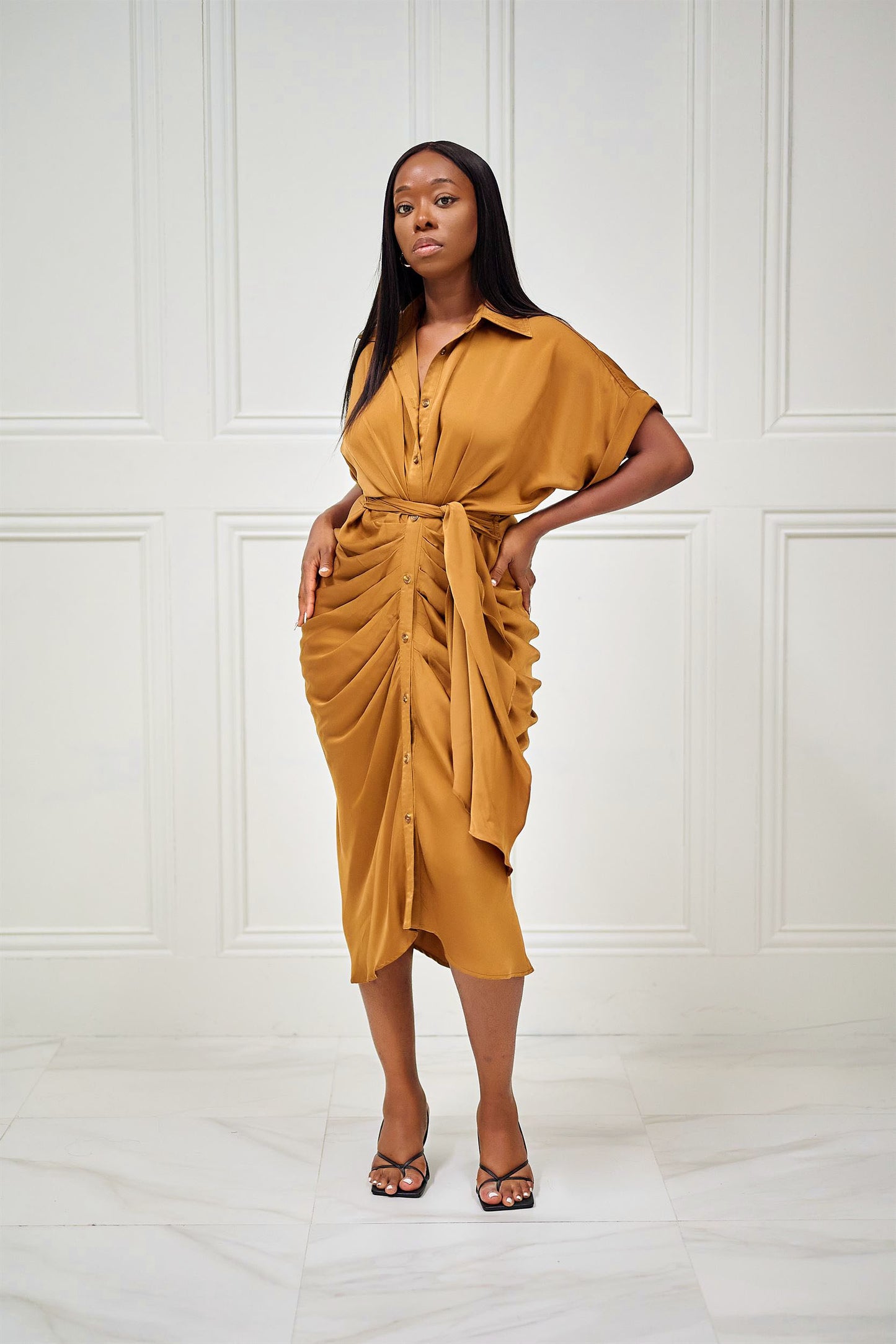 All About it Button Front Collared Midi Dress - Brown
