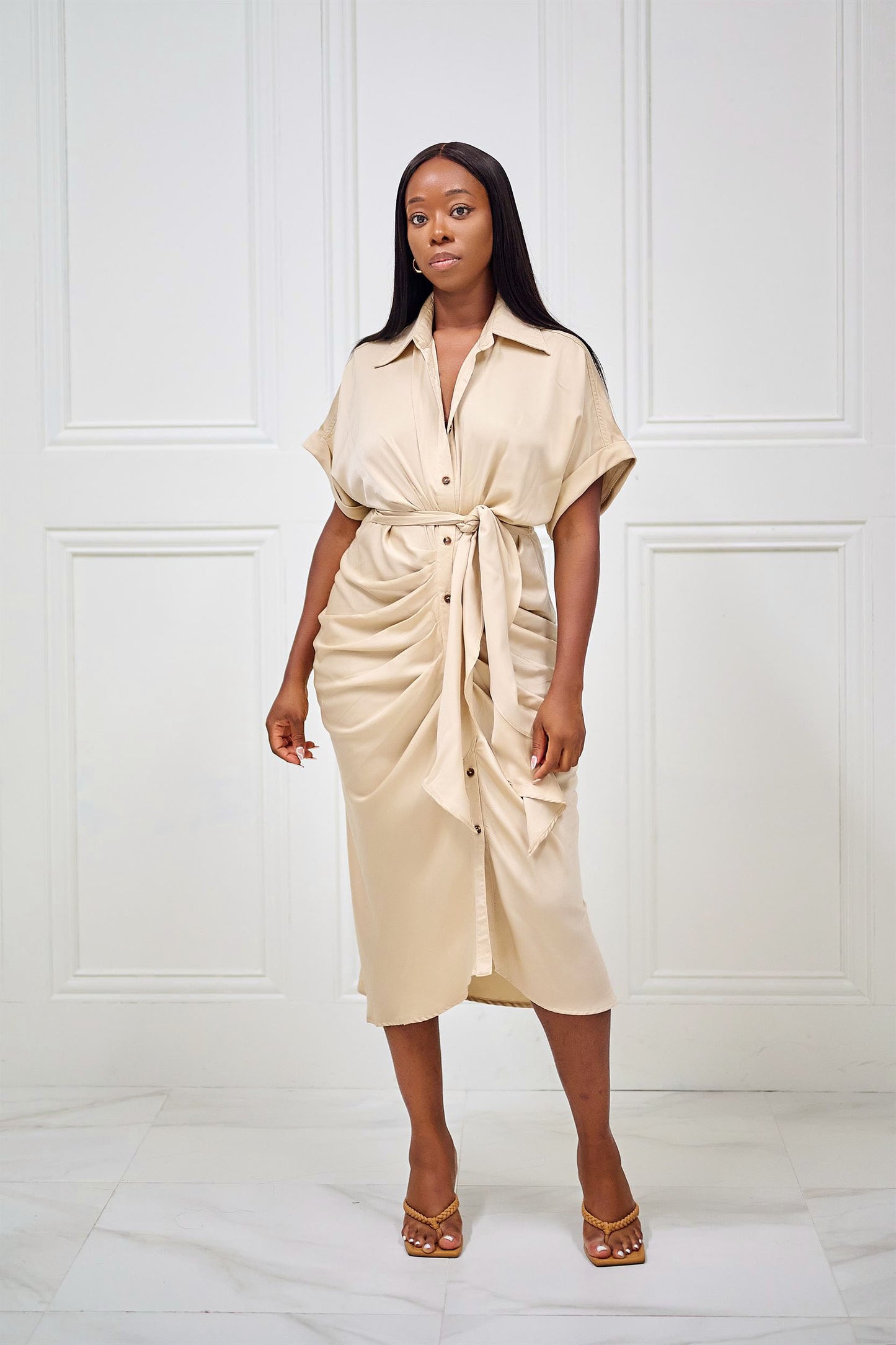 All About it Button Front Collared Midi Dress - Taupe