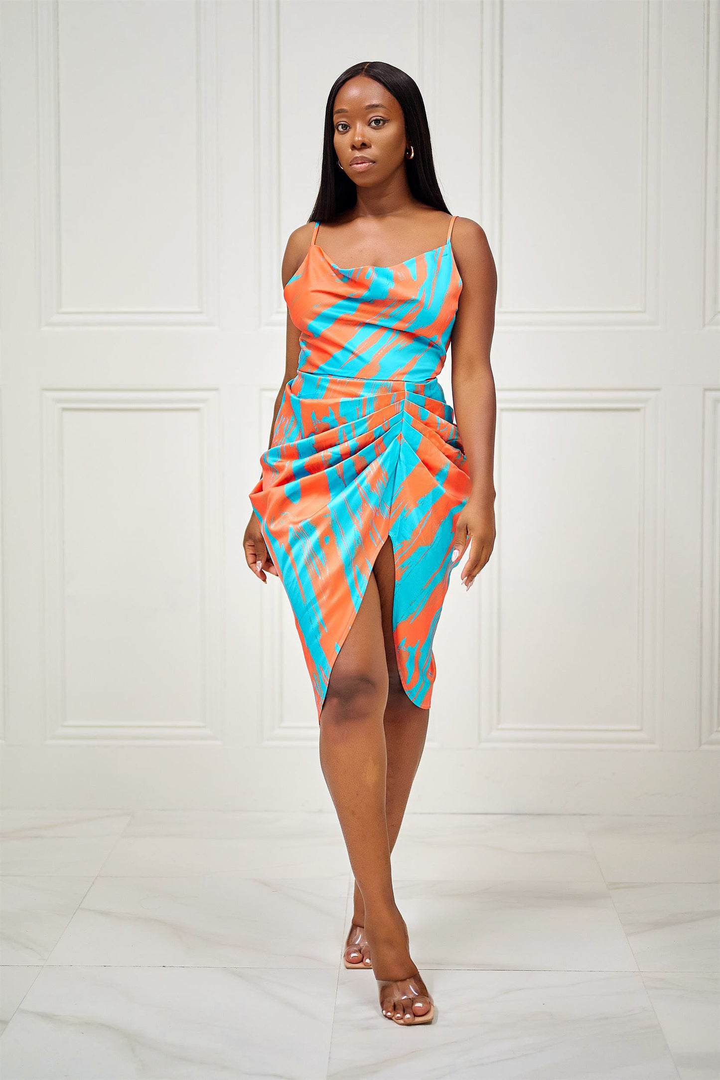 Dare to Be Me Abstract Print Cowl Neck Midi Dress with Side Slit and Adjustable Straps