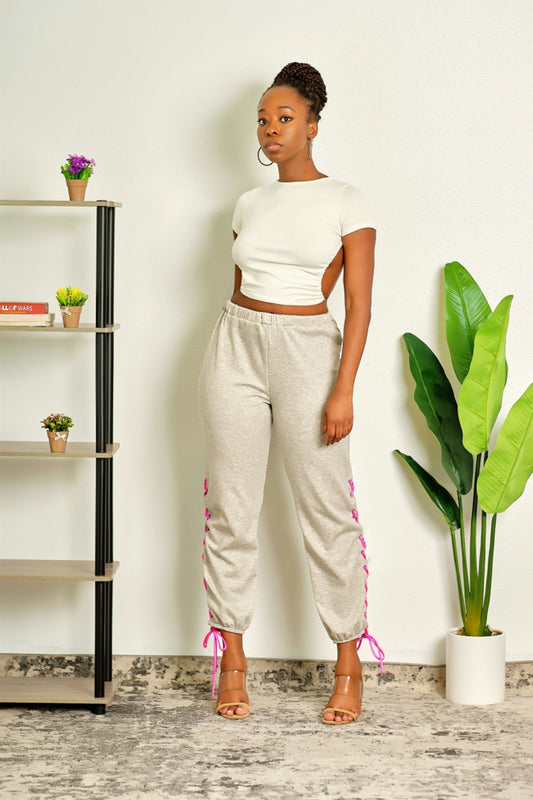 Waiting For You Lace Up High Waisted Sweatpants - Grey
