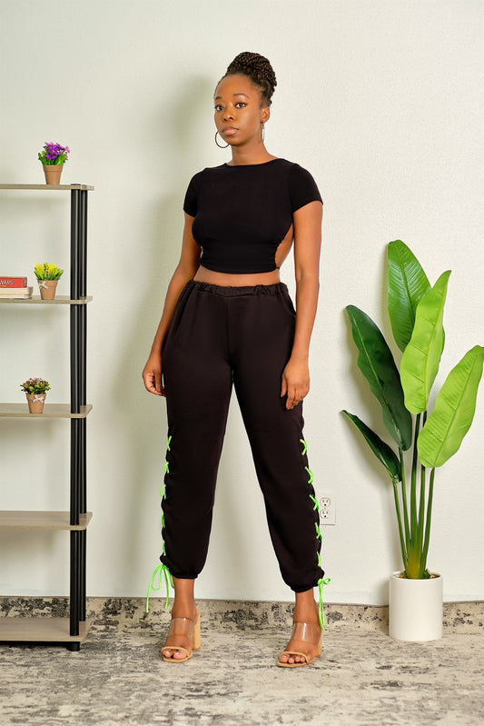 Waiting for You Lace Up High Waisted Sweatpants - Black