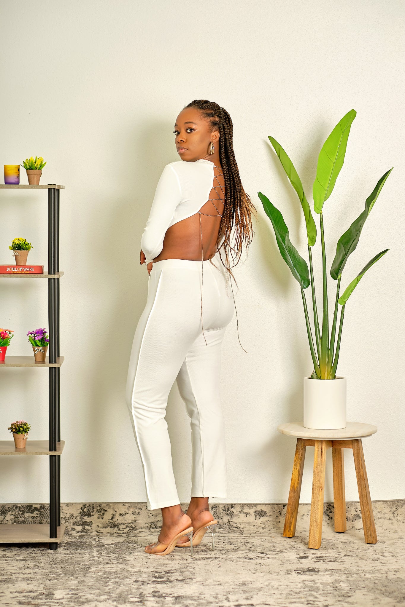 Look at Me Now Ribbed High Neck Crop Top and High Waisted Fitted Pant Set - White