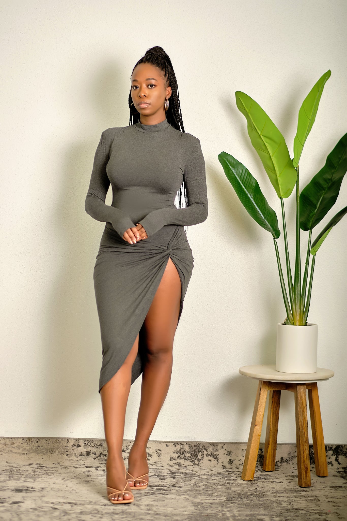 High neck long sleeve hotsell midi dress