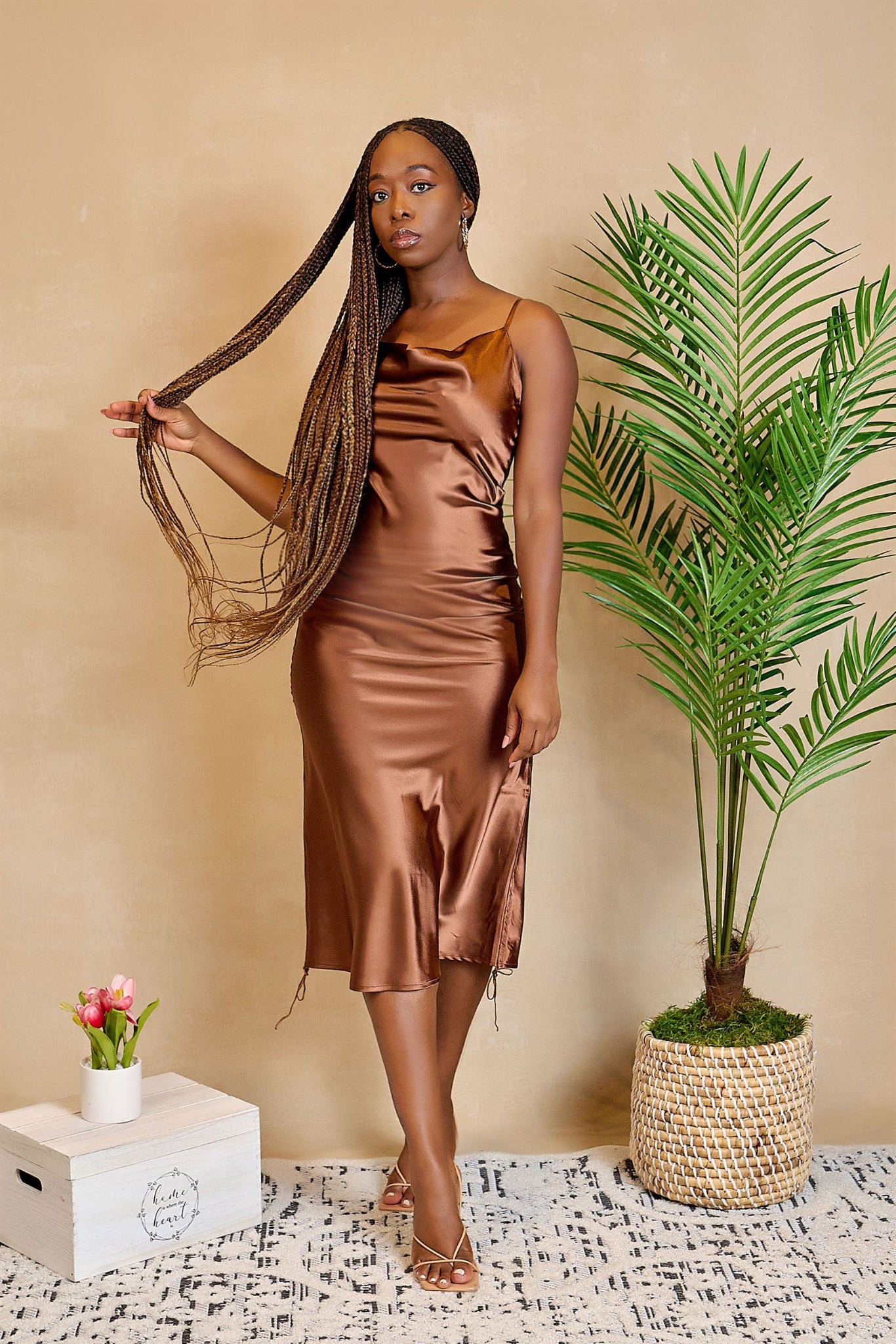 Such A Lady Cowl Neck Slip Dress with Adjustable Drawstrings - Chocolate
