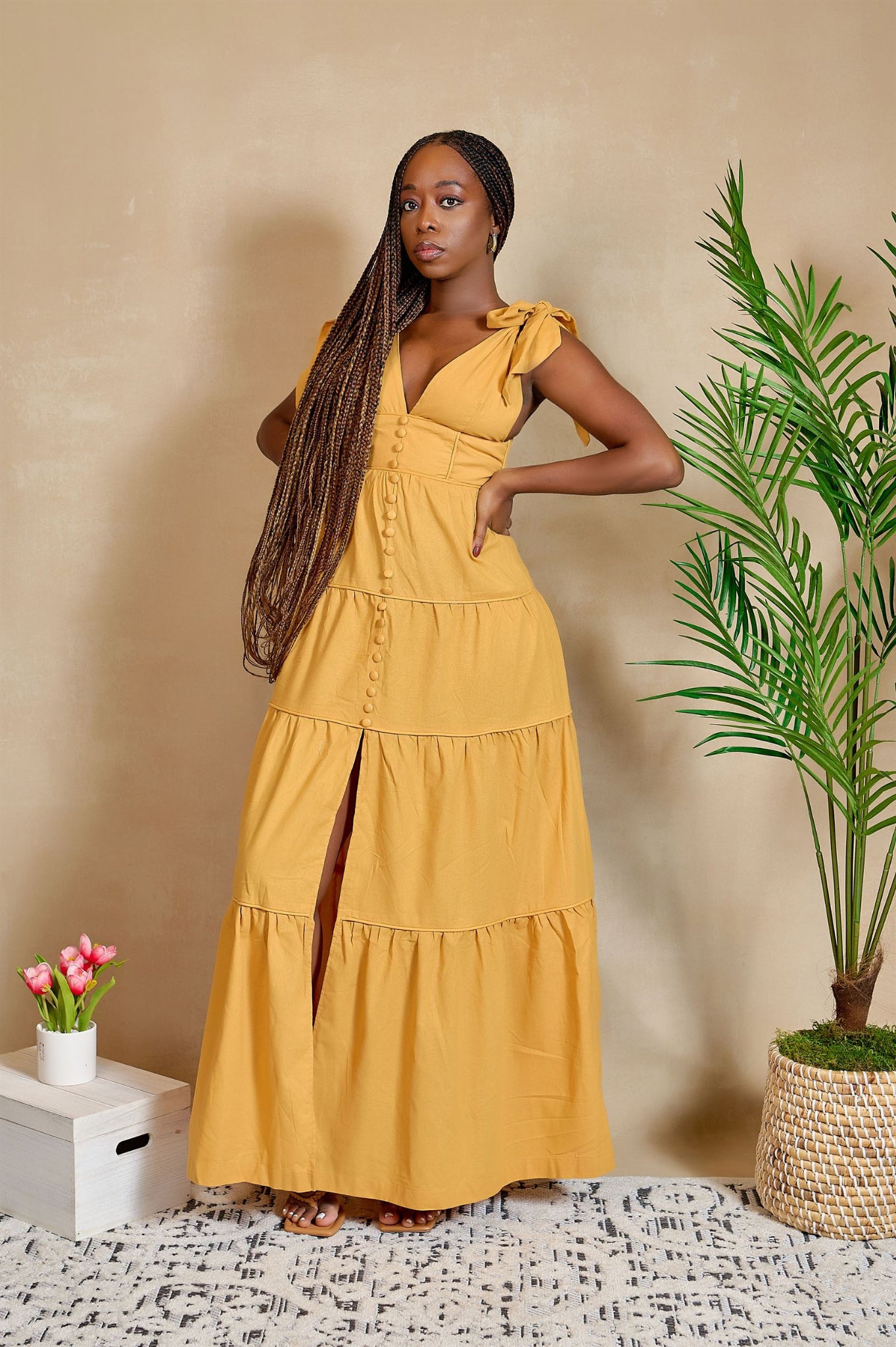 Got It On My Own Button Front Maxi Dress - Mustard Yellow