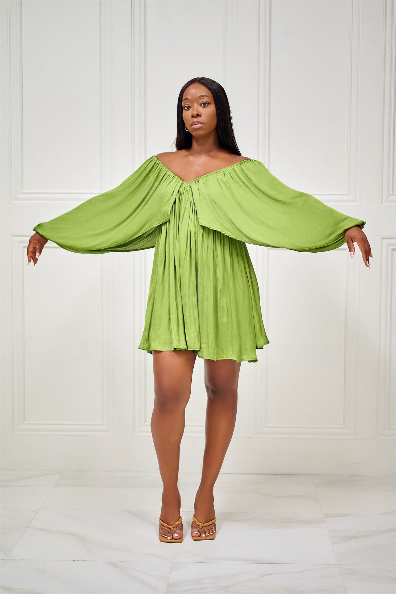 Off the shoulder olive clearance green dress