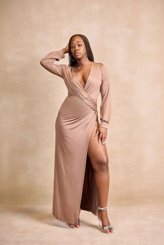 Onyinye Long Sleeve Maxi Dress with High Slit - Mocha
