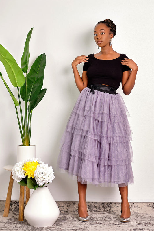 All the Stops Layered Ruffle Tulle Midi Skirt