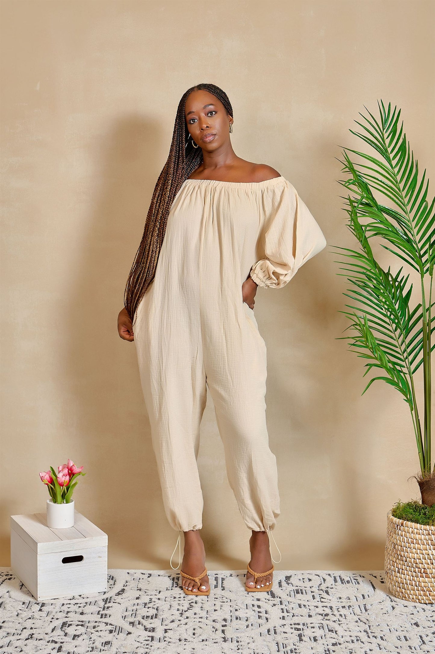 The Bees Knees Off Shoulder Jumpsuit with Ankle Ties and Pockets
