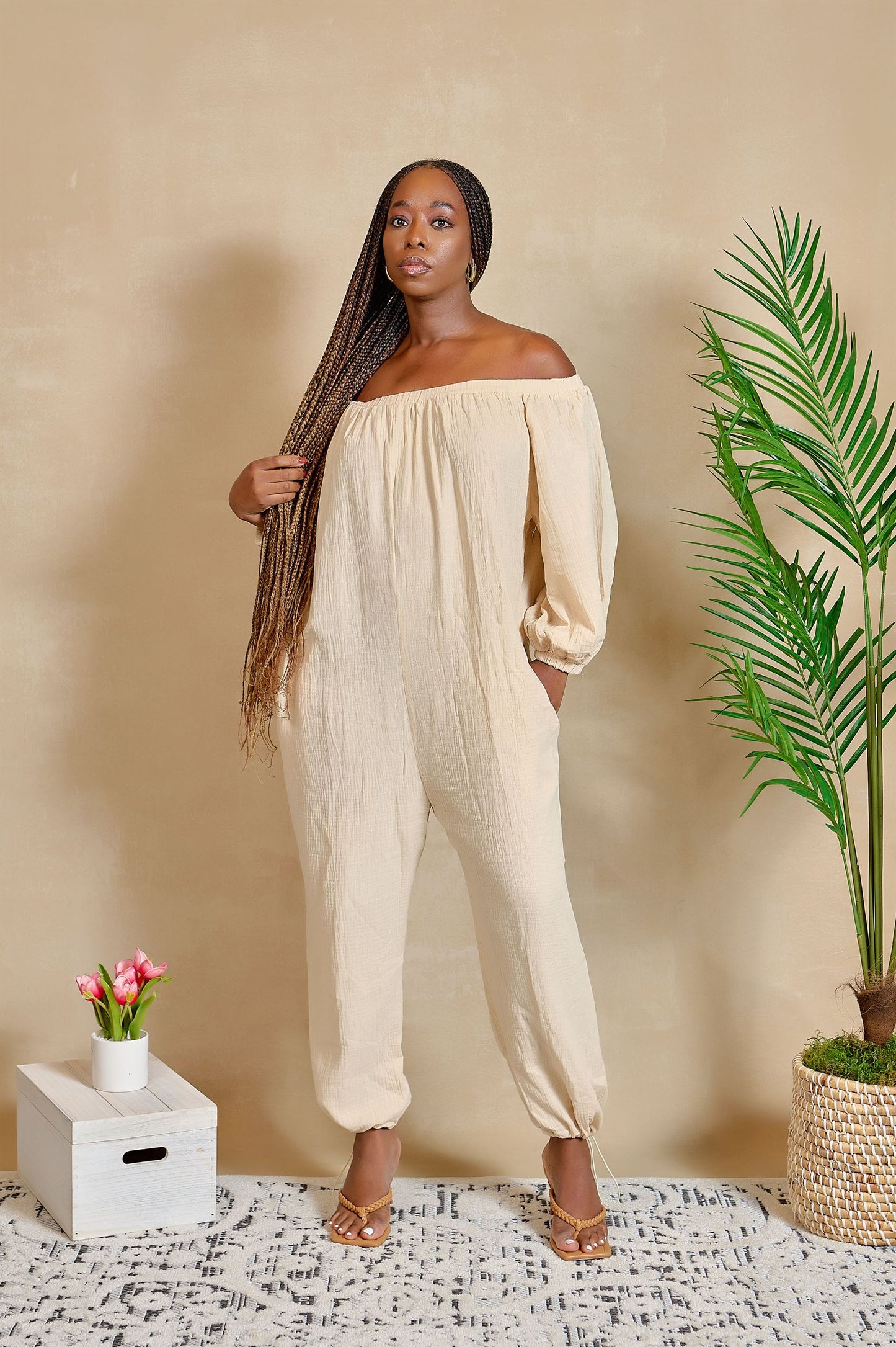 The Bees Knees Off Shoulder Jumpsuit with Ankle Ties and Pockets
