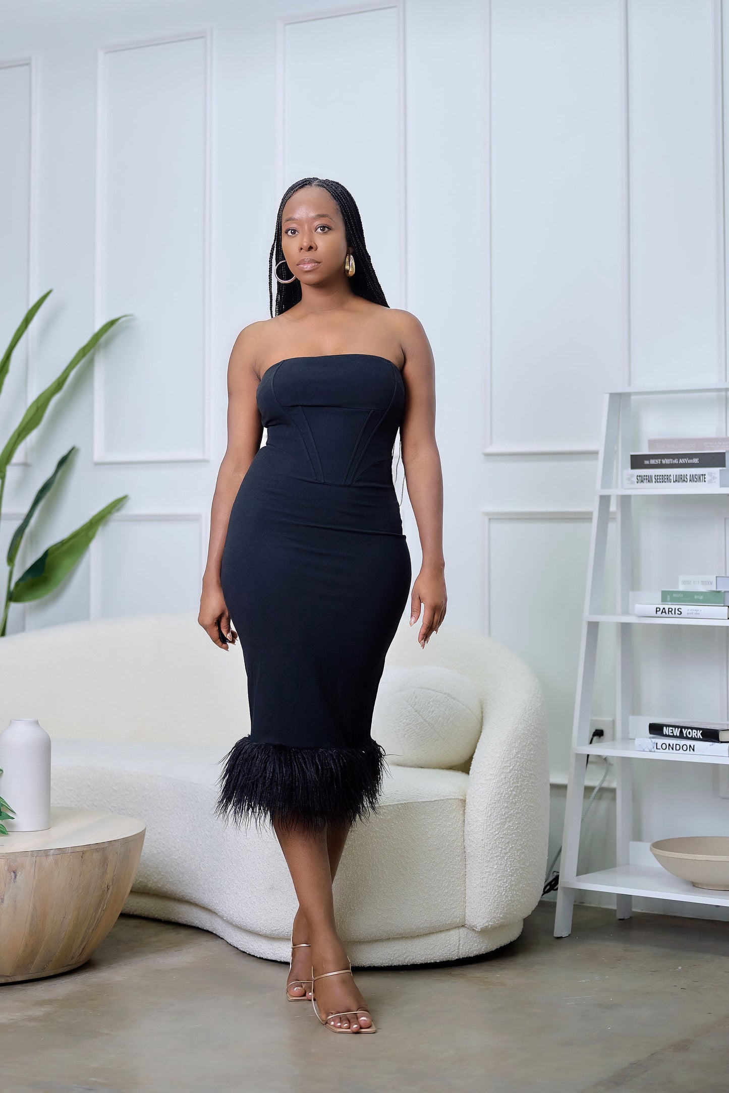 Chinelo Tube Bodycon Dress with Feather Trim