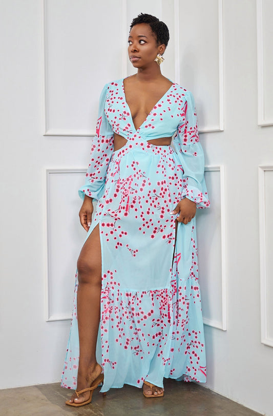 Nwaoma Long Sleeve Floral Maxi Dress with Cutouts