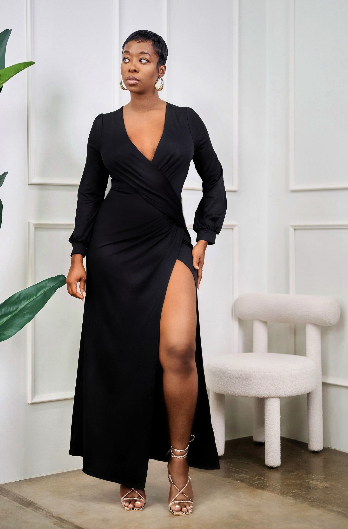 Onyinye Long Sleeve Maxi Dress with High Slit - Black