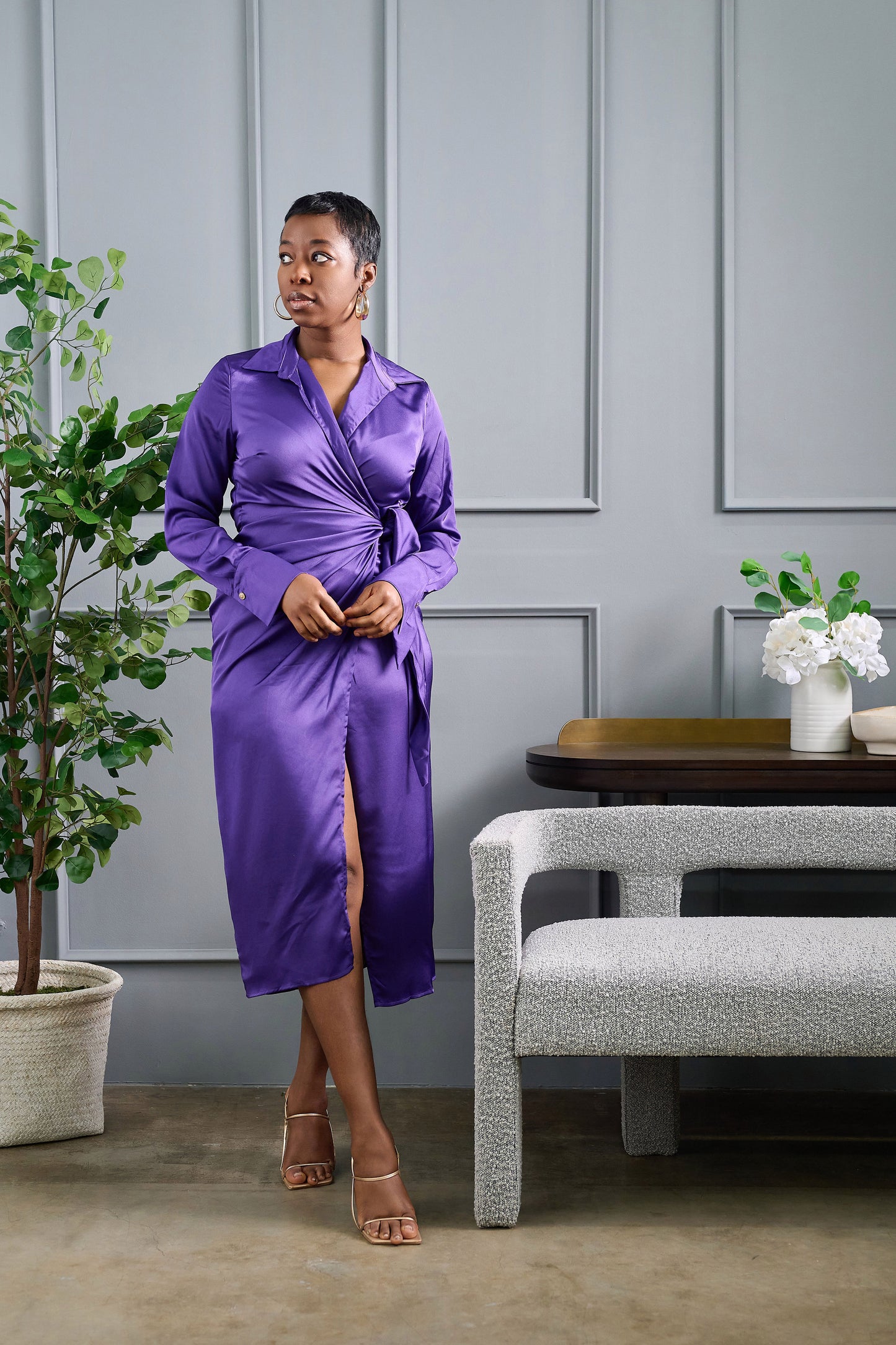 Sope Plum Long Sleeved Collared Wrap Dress
