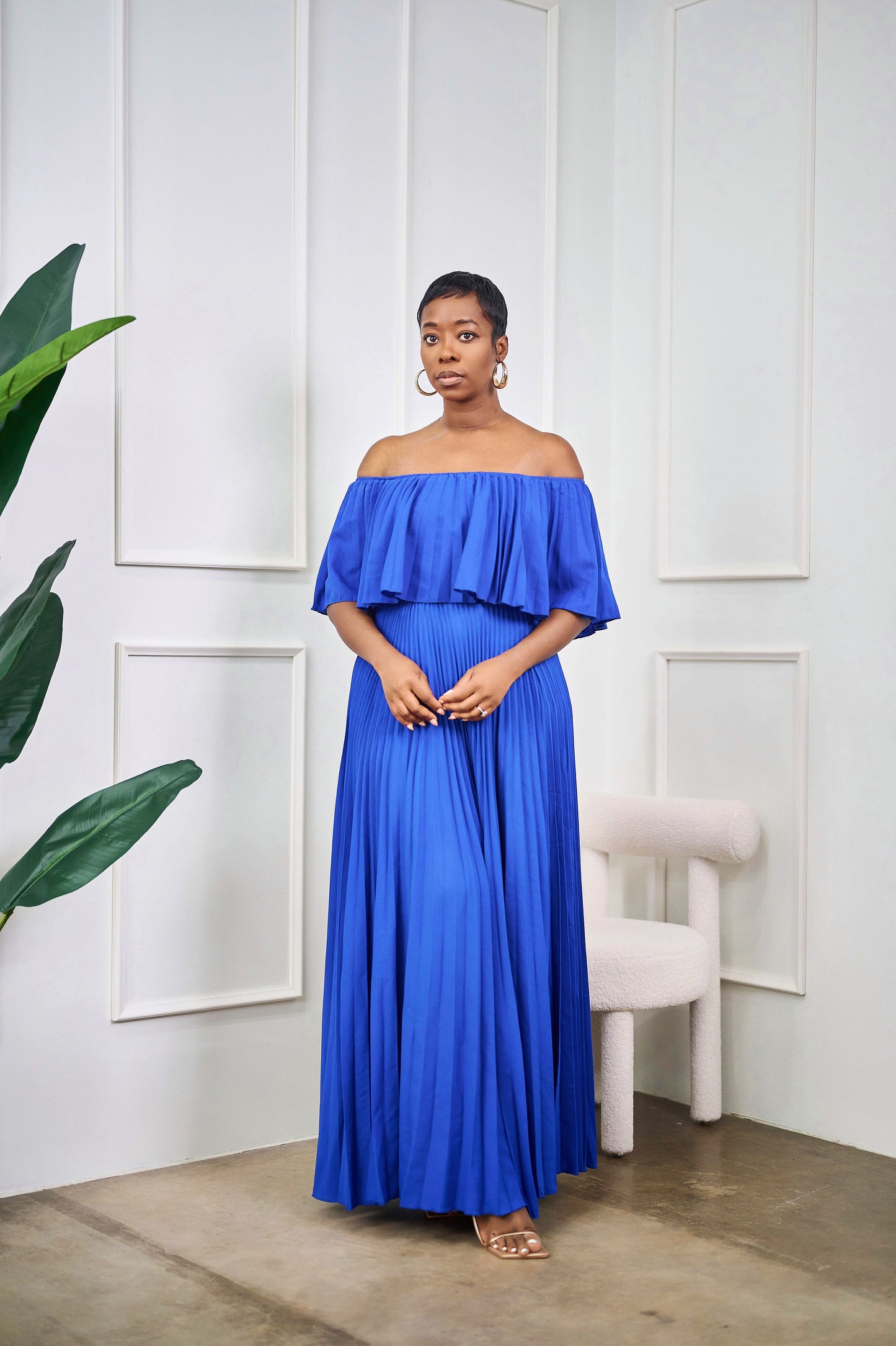 Nneka Maxi Length Off Shoulder Dress with Pleats