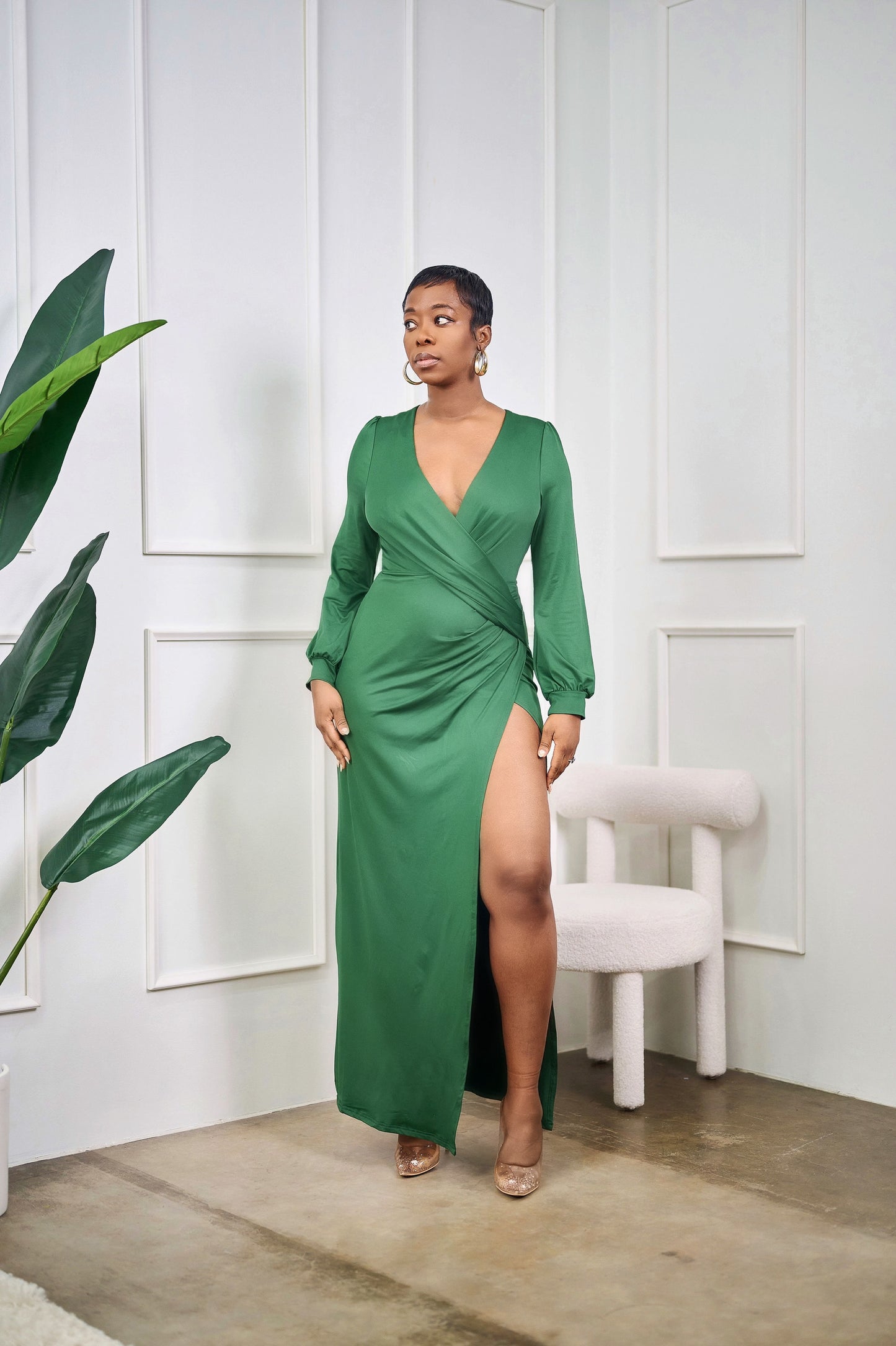 Onyinye Long Sleeve Maxi Dress with High Slit - Green
