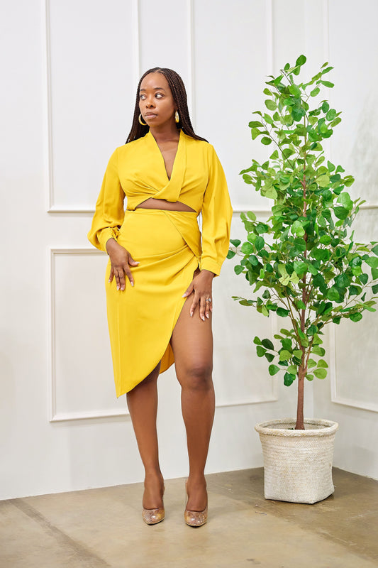Ebere Long Sleeve Crop Top and Midi Skirt with Slit Set