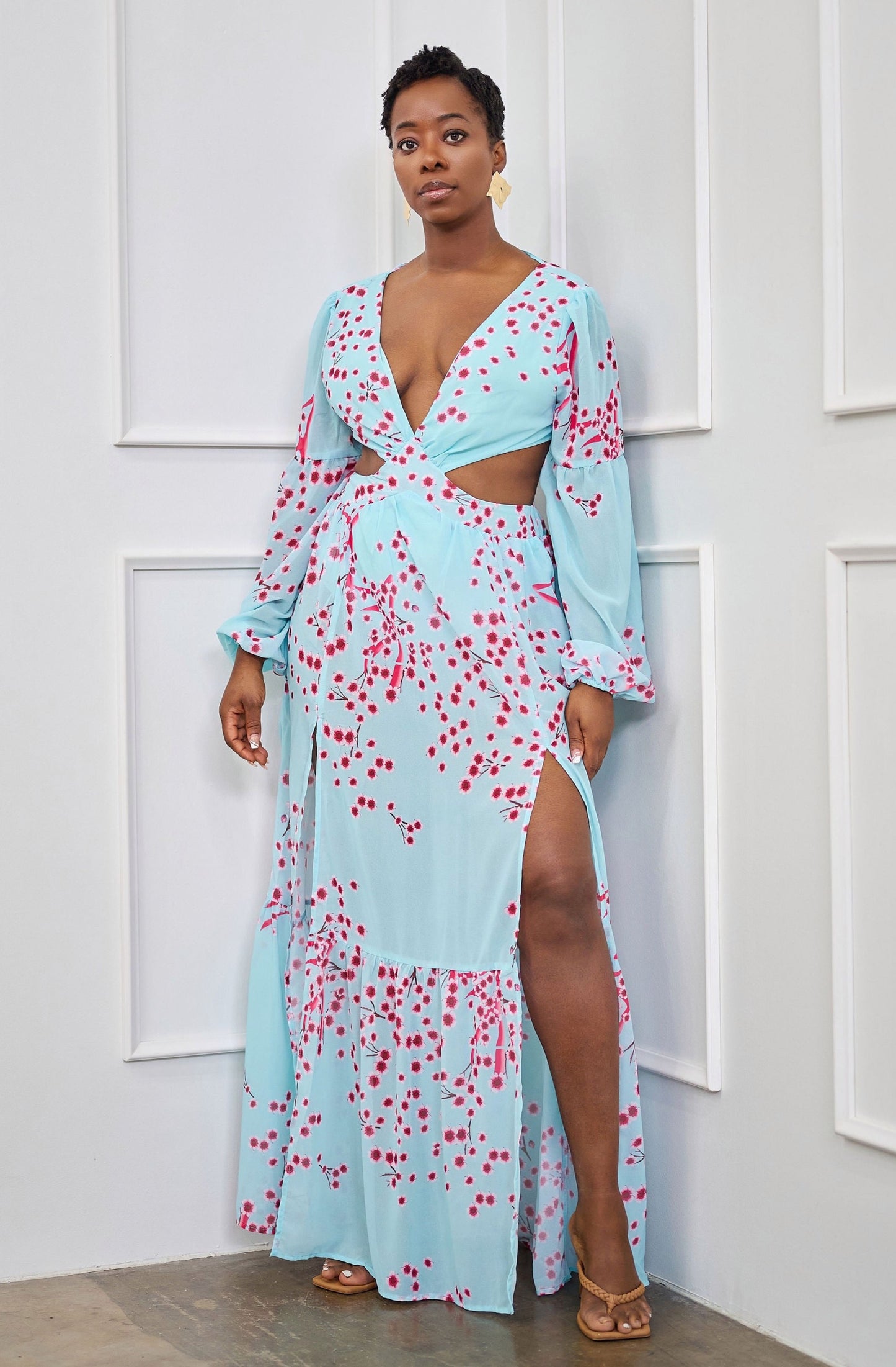 Nwaoma Long Sleeve Floral Maxi Dress with Cutouts