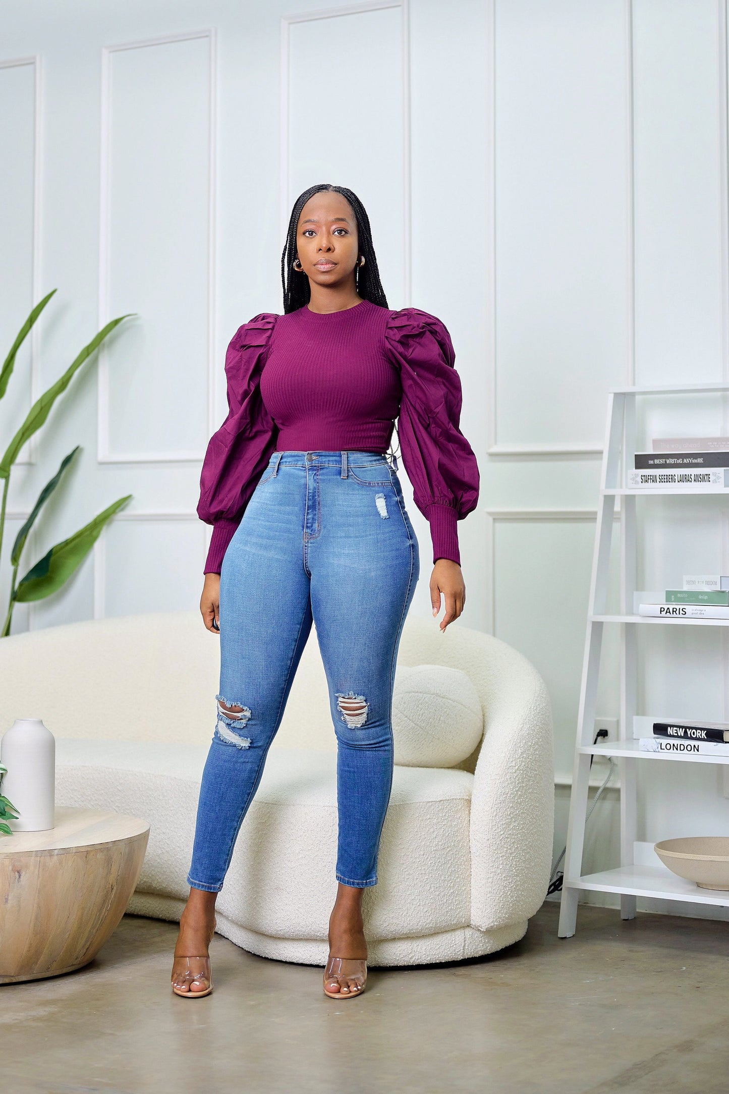 Femi High Neck Ribbed Crop Top with Puff Sleeves