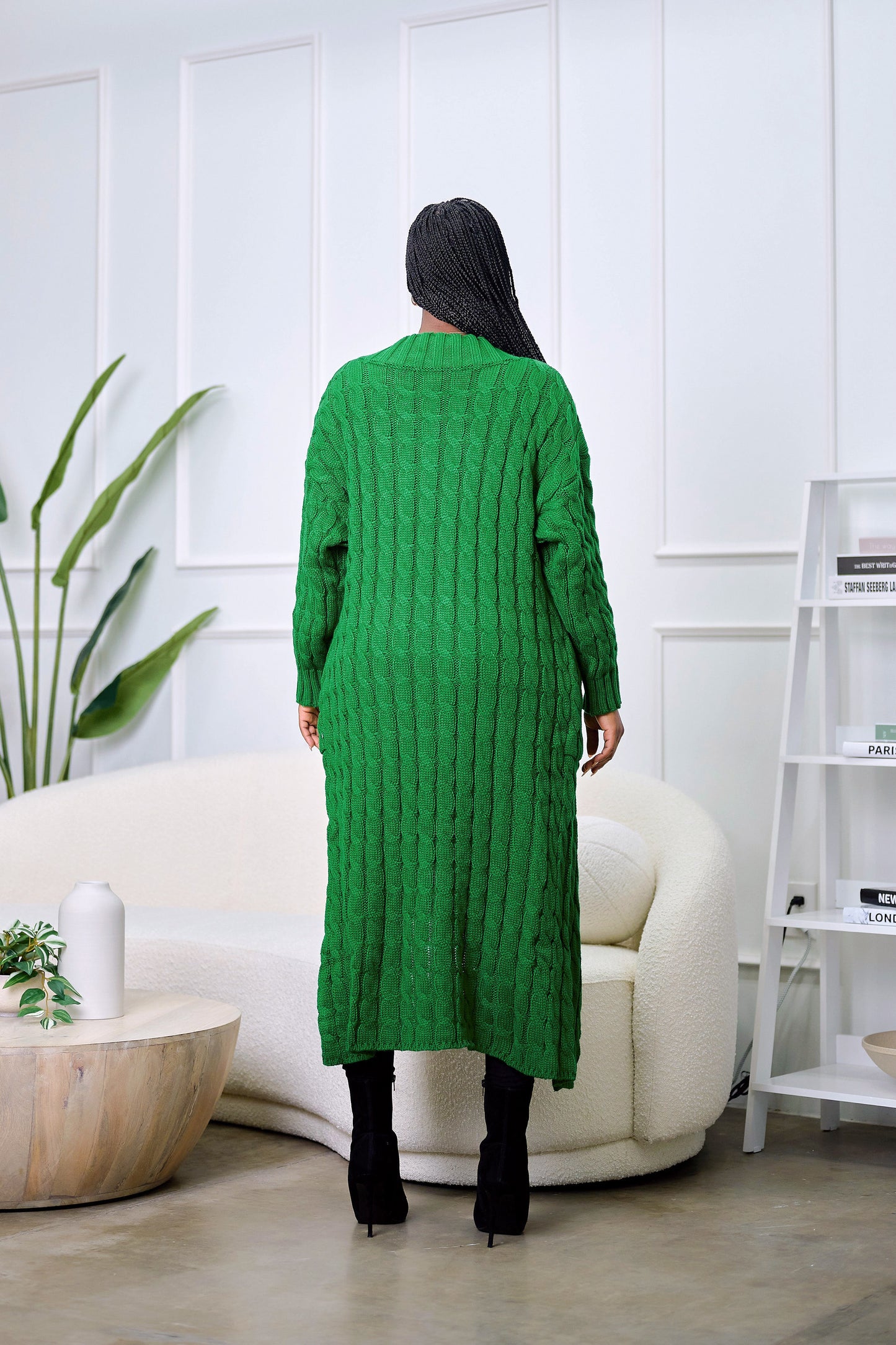 Temisan Chunky Cable Knit Maxi Cardigan - Green