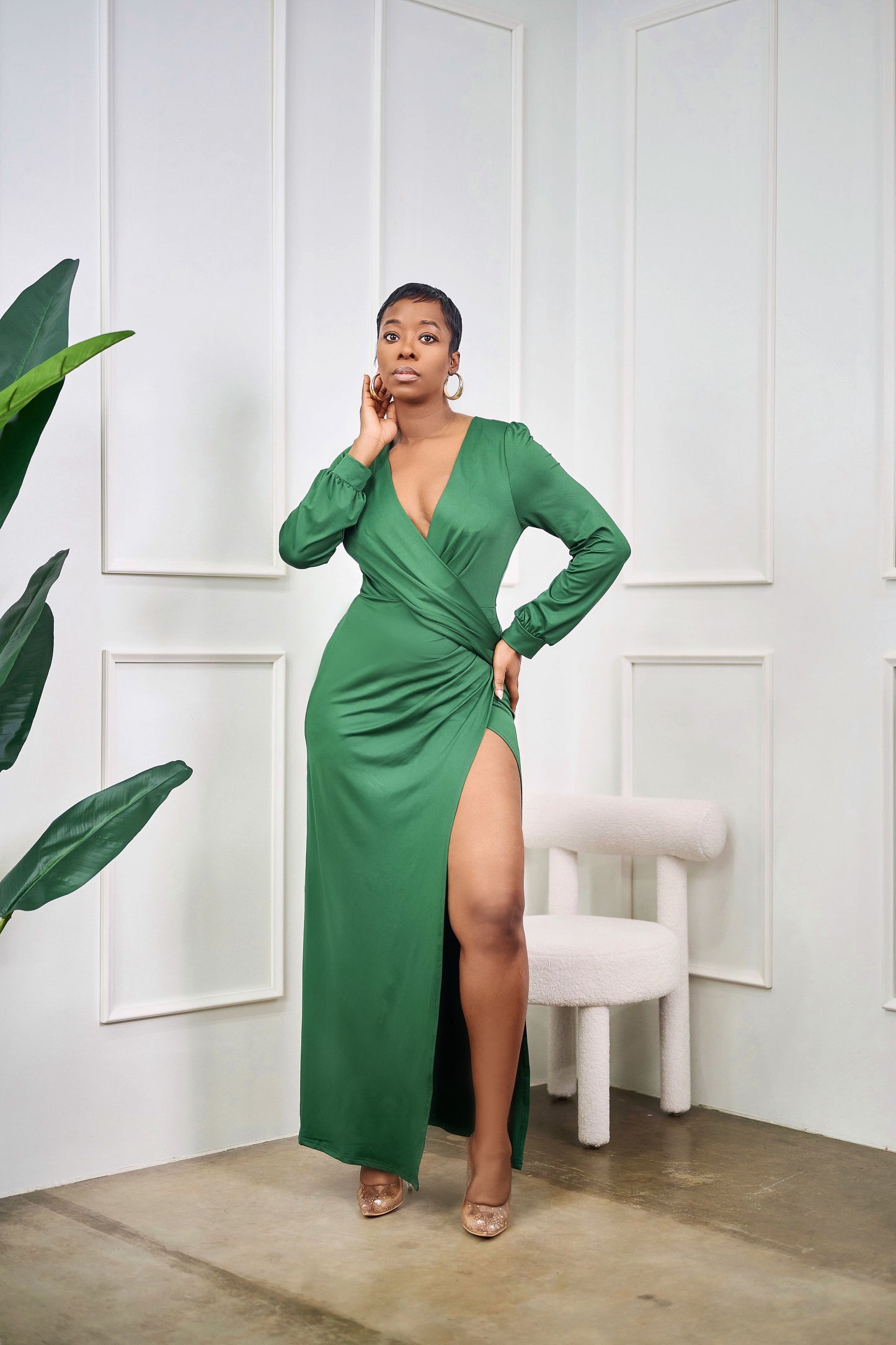 Onyinye Long Sleeve Maxi Dress with High Slit - Green